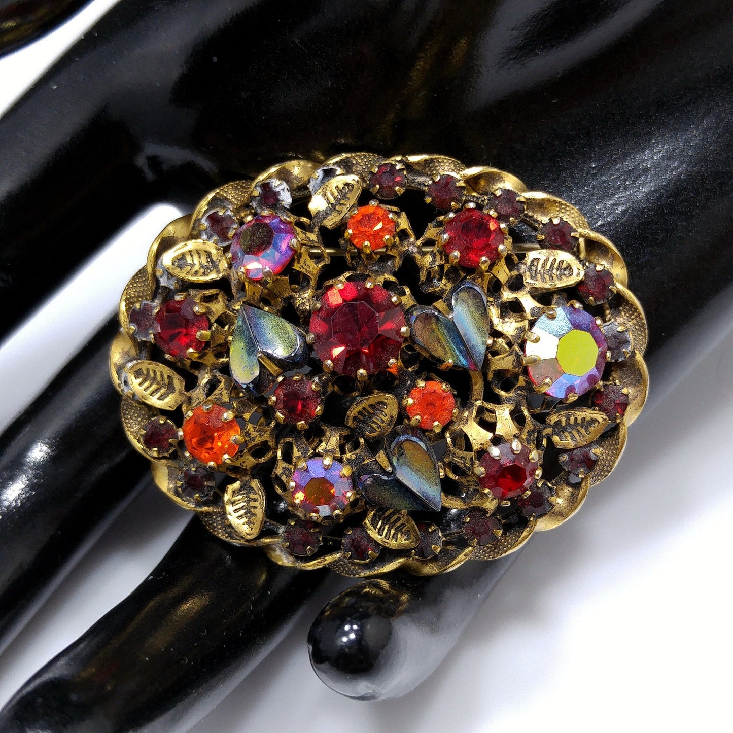 Austria Red Orange Rhinestone Gold Plated Brooch, Metallic Art Glass, 1950s Vintage Jewelry