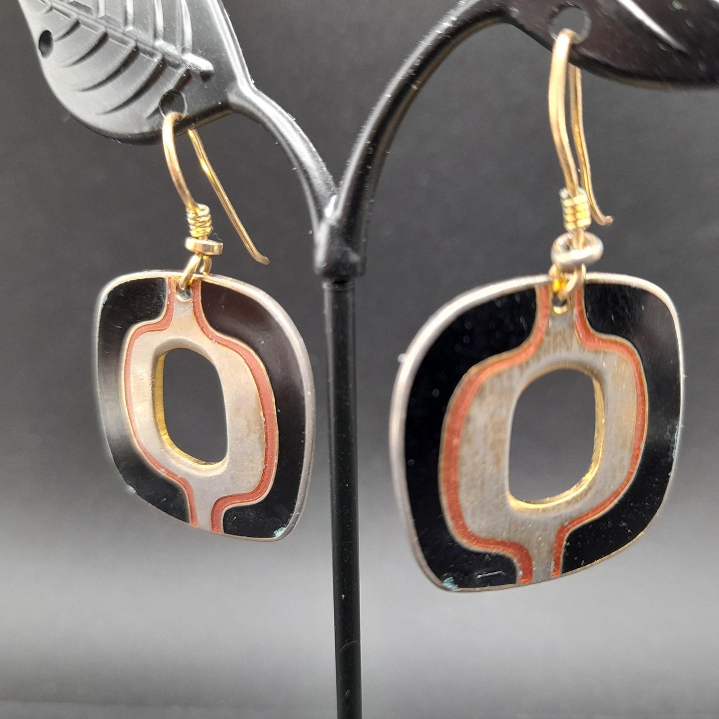 Vintage Laurel Burch Black Gold Drop Earrings, Open Center, Pink Metallic Ring