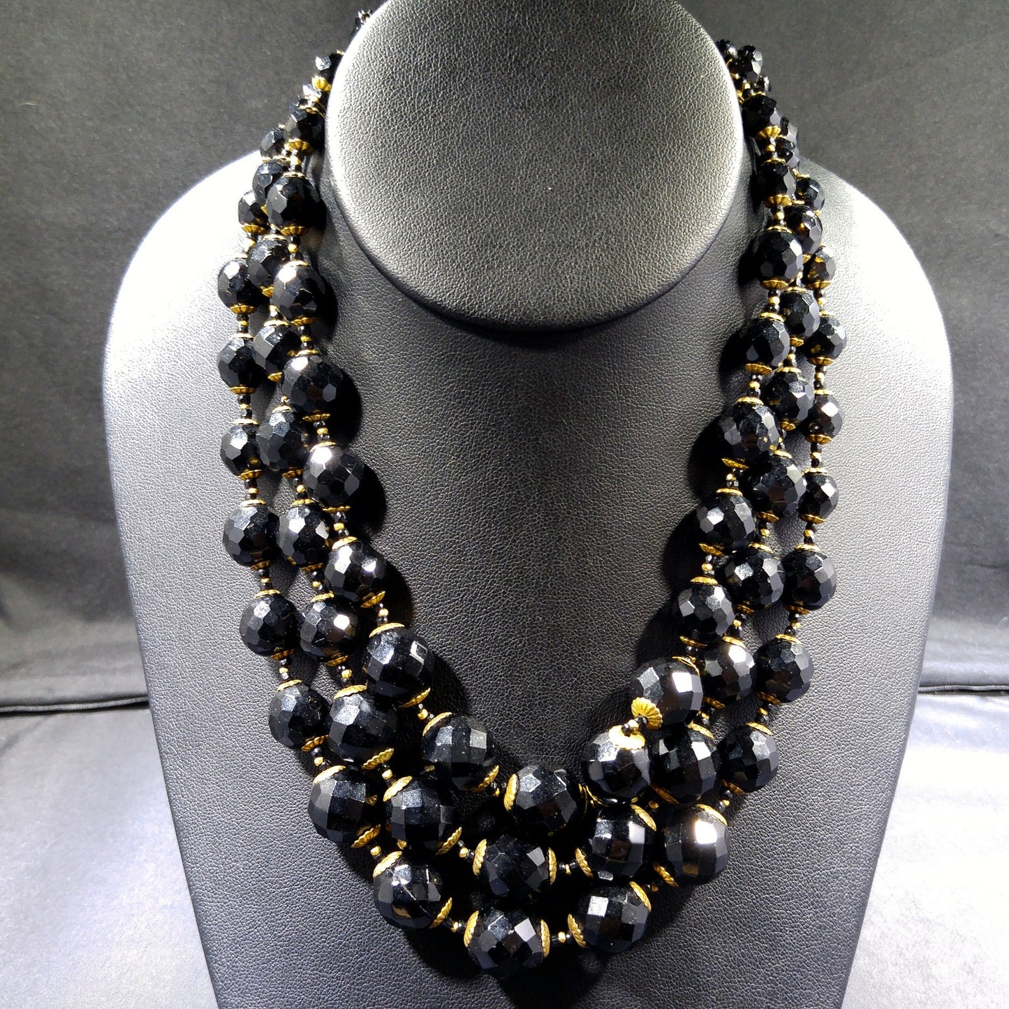 Miriam Haskell Black Beaded Necklace, Three Strands, 1960s Vintage Jewelry