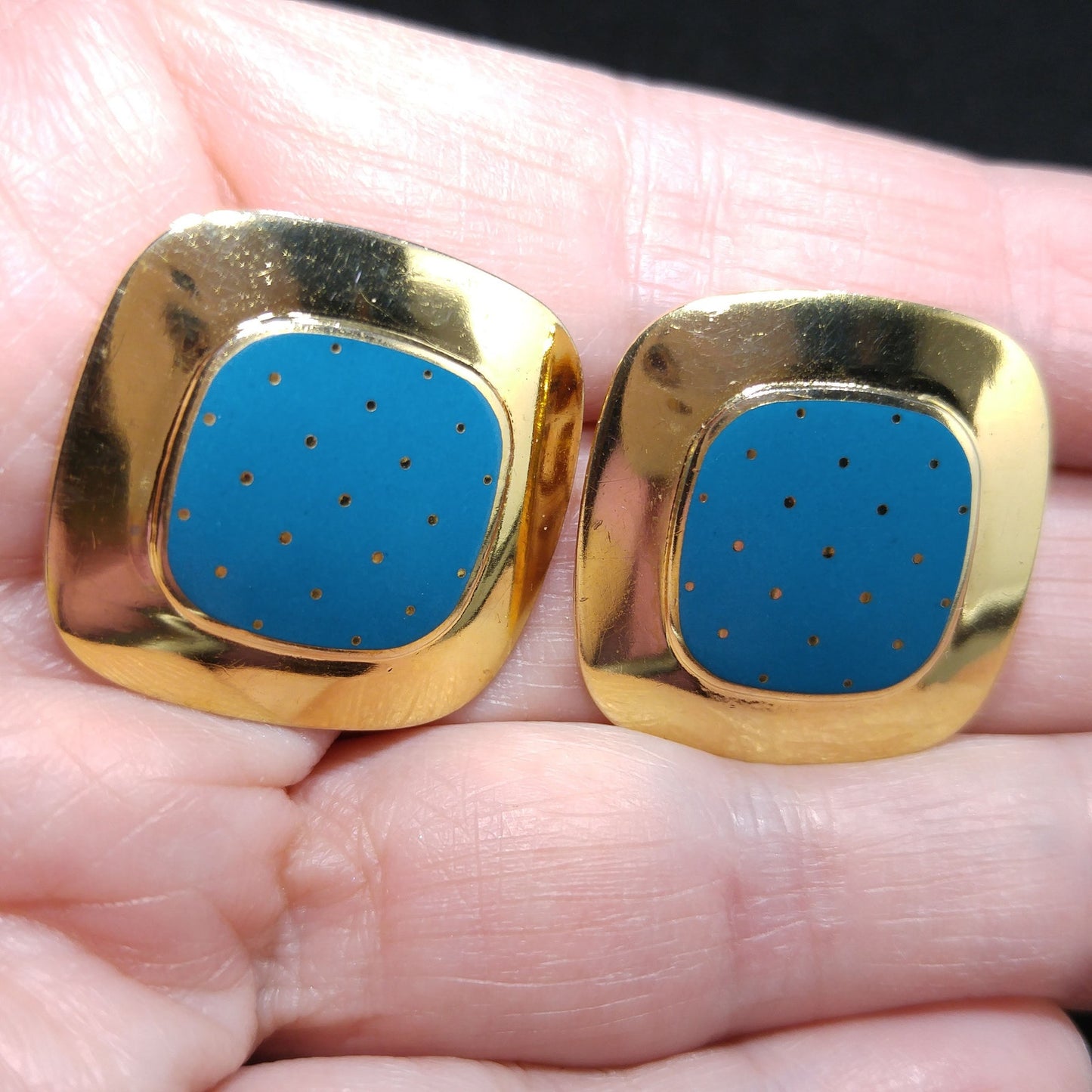 Vintage Laurel Burch "Mastriano" Clip Earrings, Teal Blue Enamel, Gold Plated