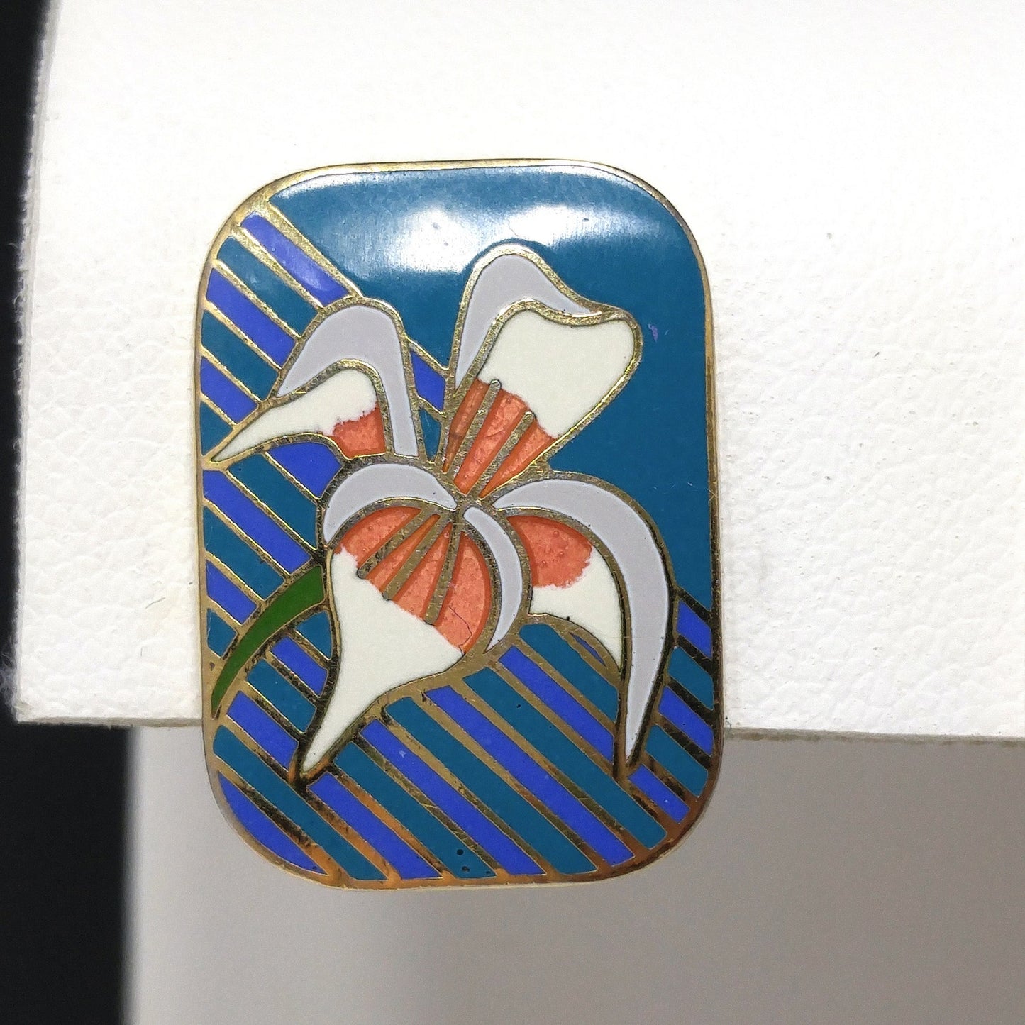 Vintage Laurel Burch "Iris" Clip On Earrings, Gold Plated Cloisonné Enamel, 1980