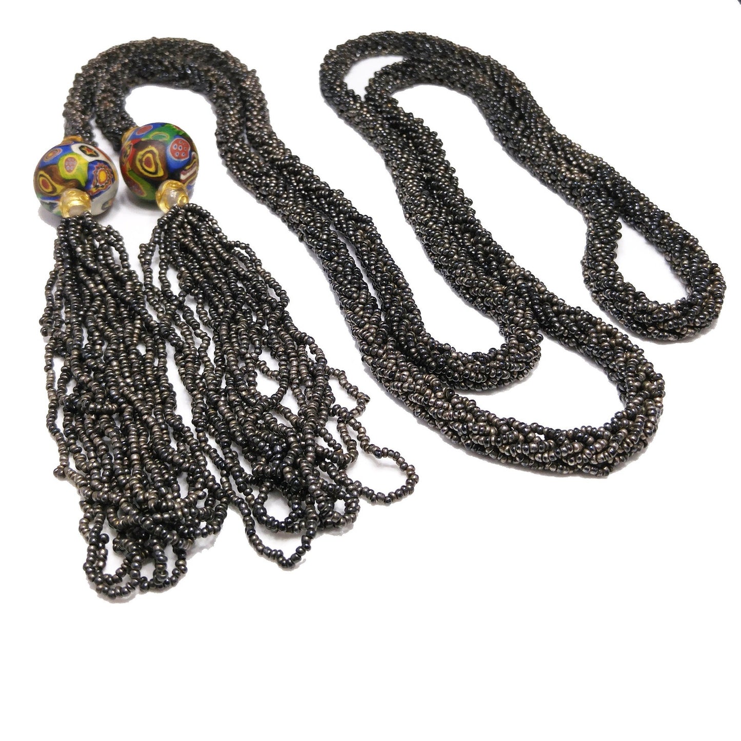 Vintage Art Deco Murano Millefiori Seed Bead Lariat Flapper Necklace, 1920s