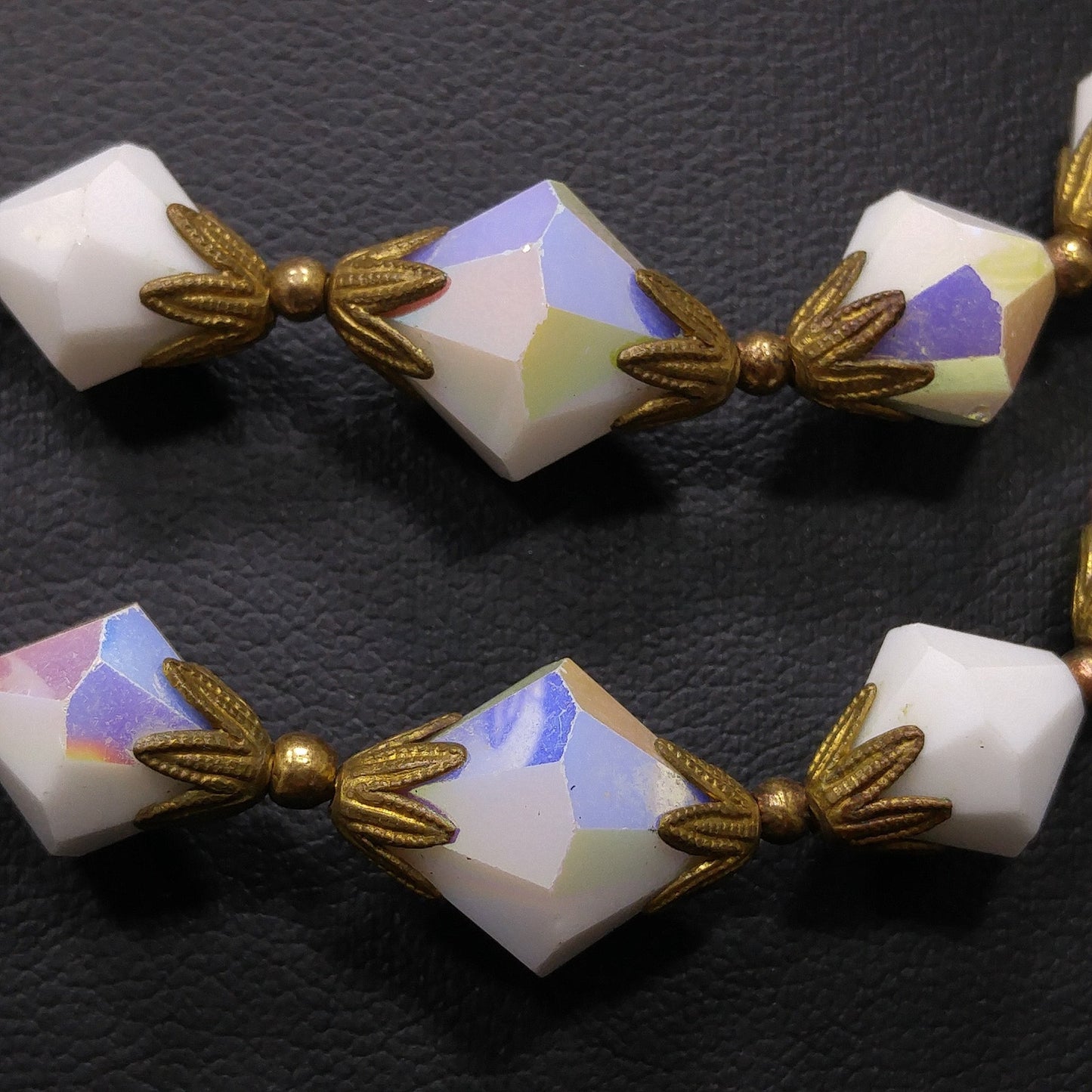 White Crystal Fire Polished Two Strand Necklace, Golden Brass End Caps, 1950s Vintage Jewelry