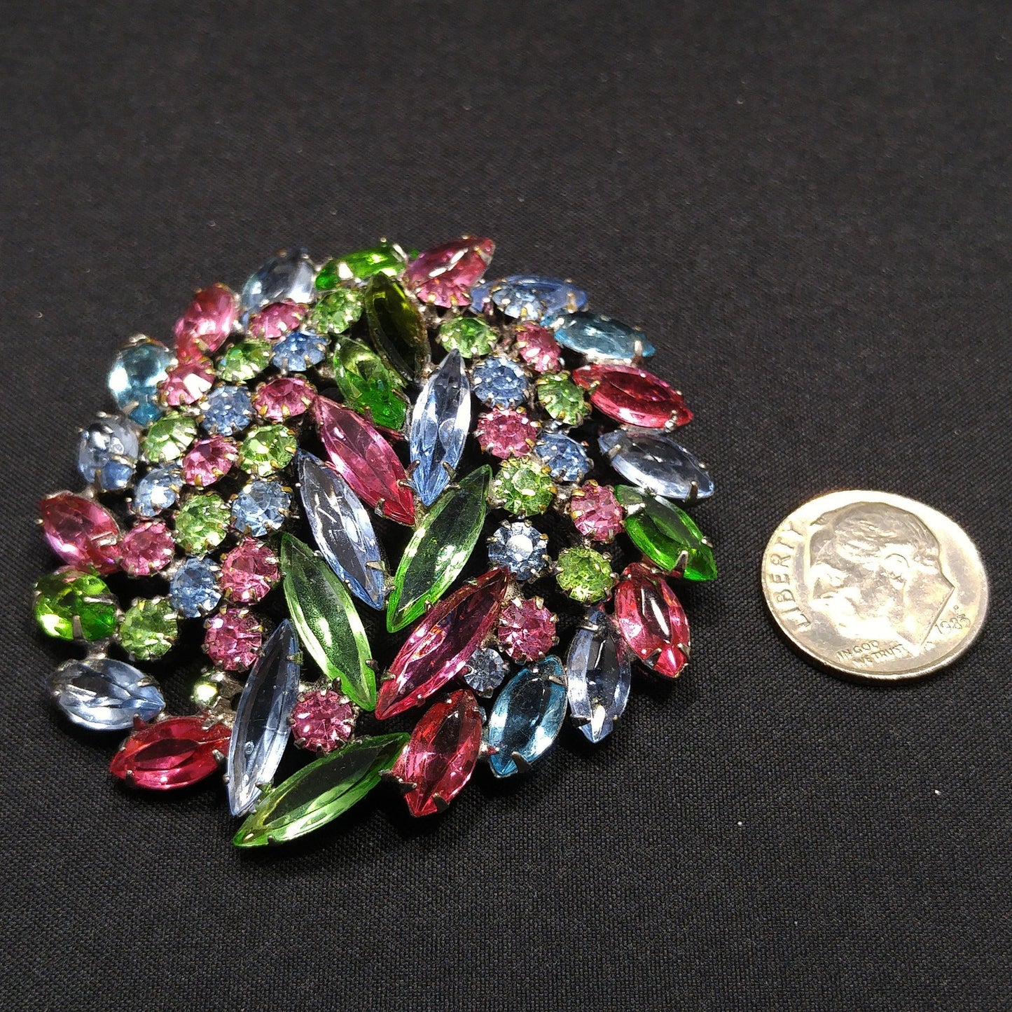 Pastel Rhinestone Floral Brooch, Rhodium Plated, Open Back Stones, 1960s Vintage Jewelry