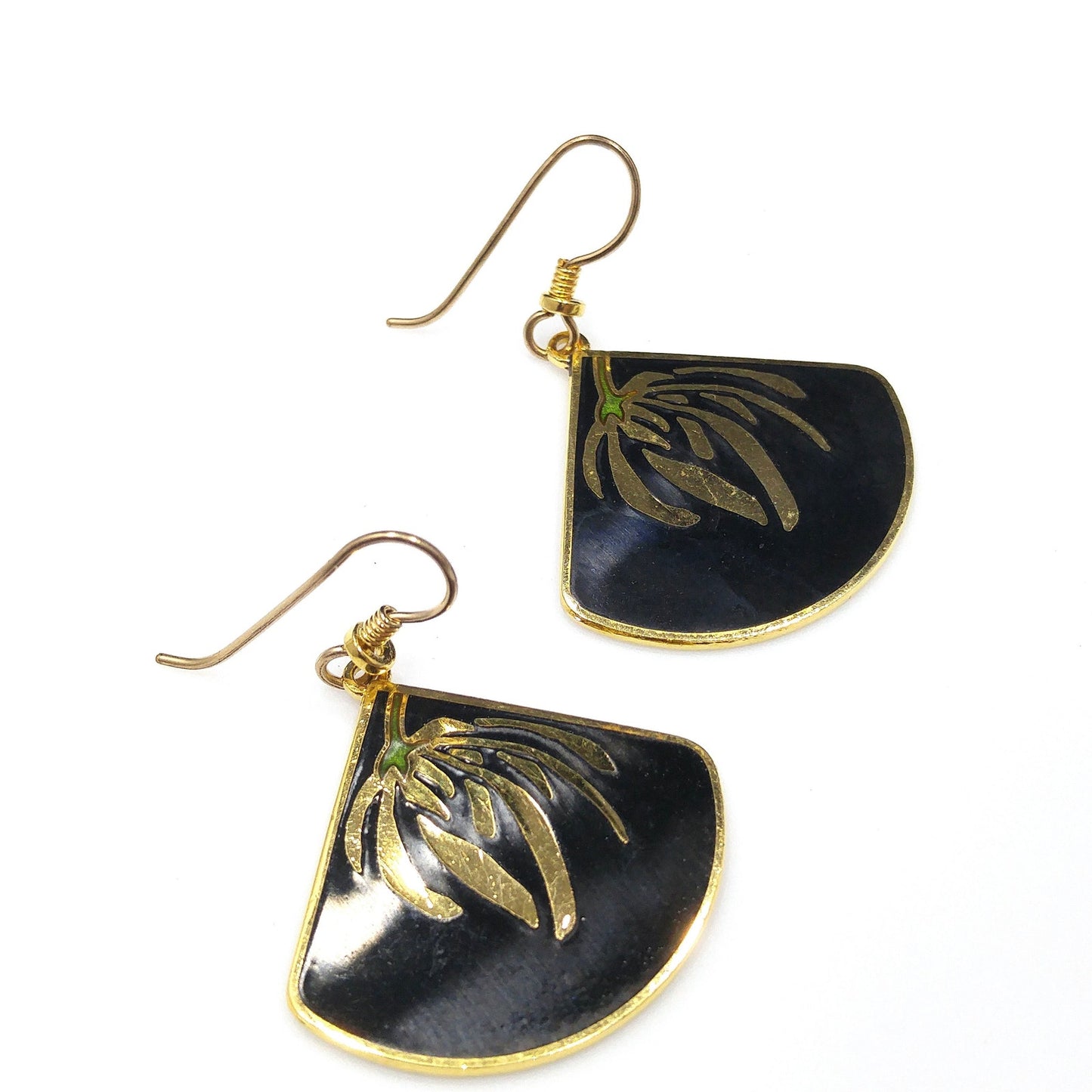 Laurel Burch Floral Earrings, Gold Plating, Black Enamel, Willow Fan, 1980s Vintage Jewelry