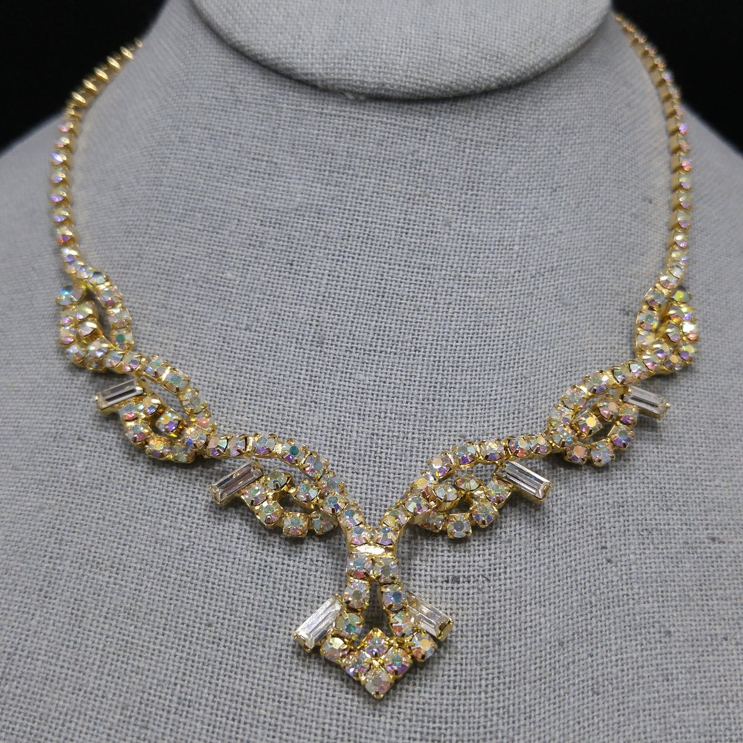 Vintage Aurora Borealis Rhinestone Choker Necklace, 3D Design, Gold Plated, 1960s Vintage Jewelry