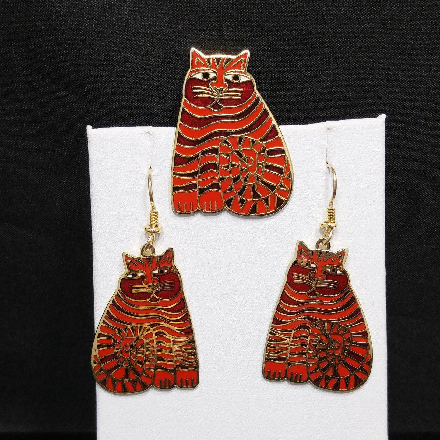 Laurel Burch "Shambala" Red Cat Brooch & Earrings, Gold Plated Cloisonné Enamel, 1980s Vintage Jewelry