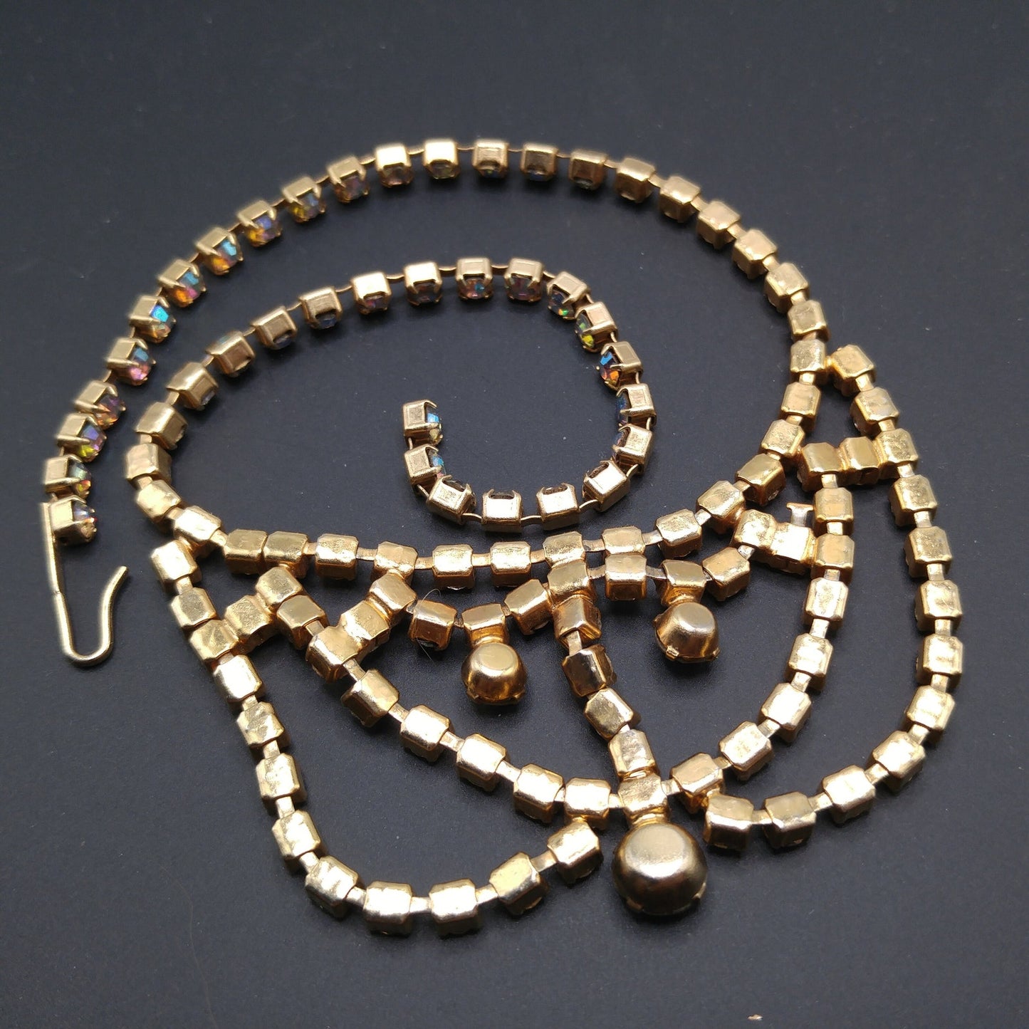 Aurora Borealis Rhinestone Choker Necklace, Gold Plated, 1960s Vintage Jewelry
