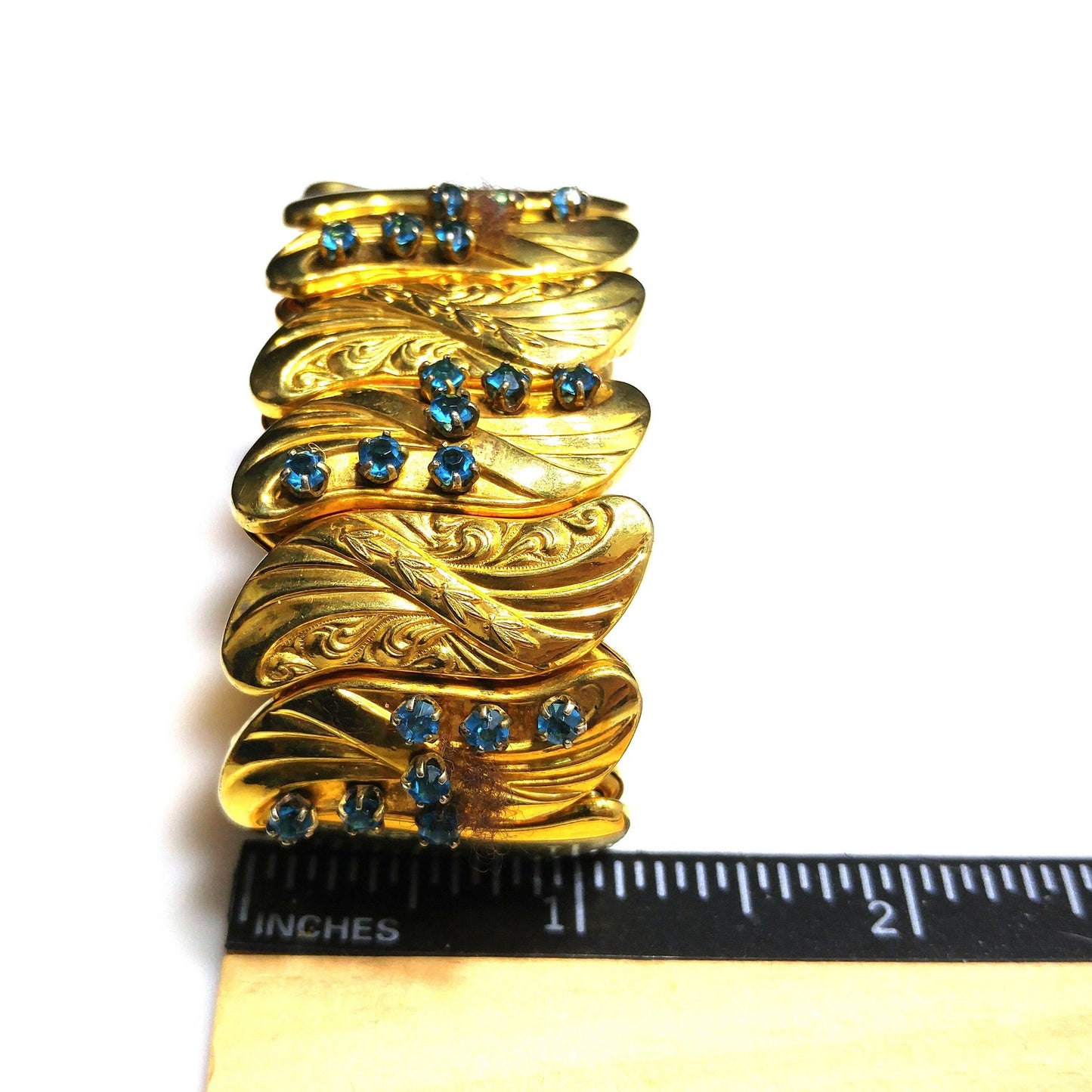 Bugbee & Niles Expansion Bracelet, Turquoise Rhinestones, 1940s Vintage Jewelry