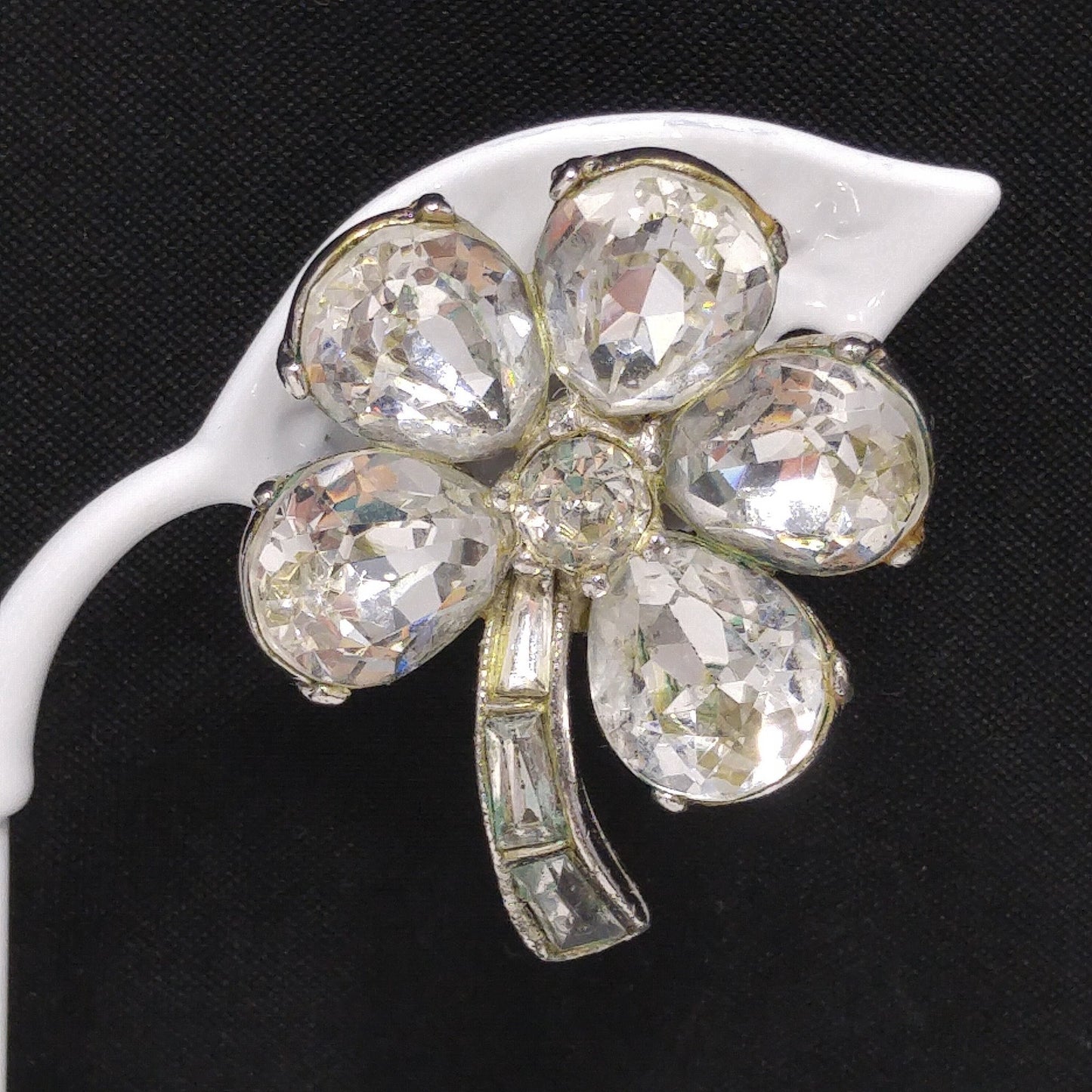 Bogoff Clear Rhinestone Floral Earrings, Rhodium Plated, Wedding Earrings, 1950s Vintage Jewelry