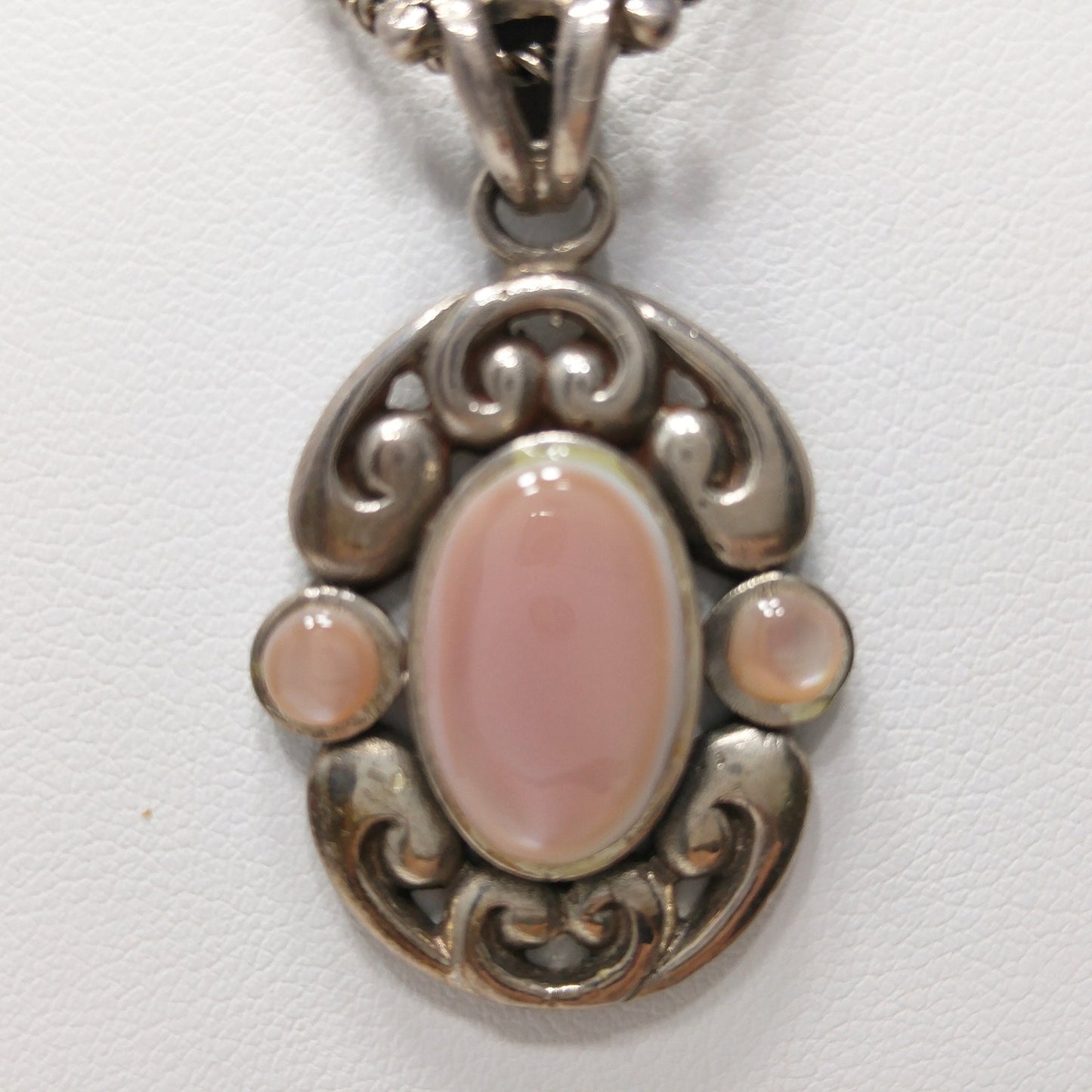 Barse Sterling Silver Pink Necklace, Large Pink Pearled Cabochon, 1990s Vintage Jewelry