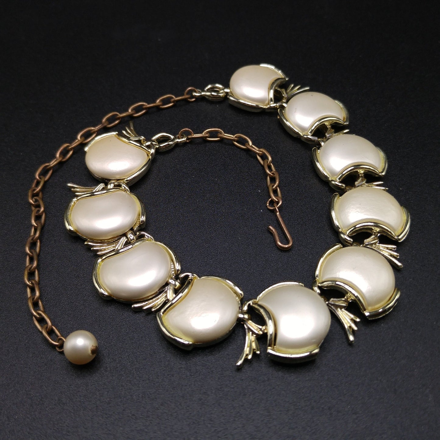 Creamy White Pearled Link Choker Necklace, Mid-Century, Gold Tone, 1950s Vintage Jewelry