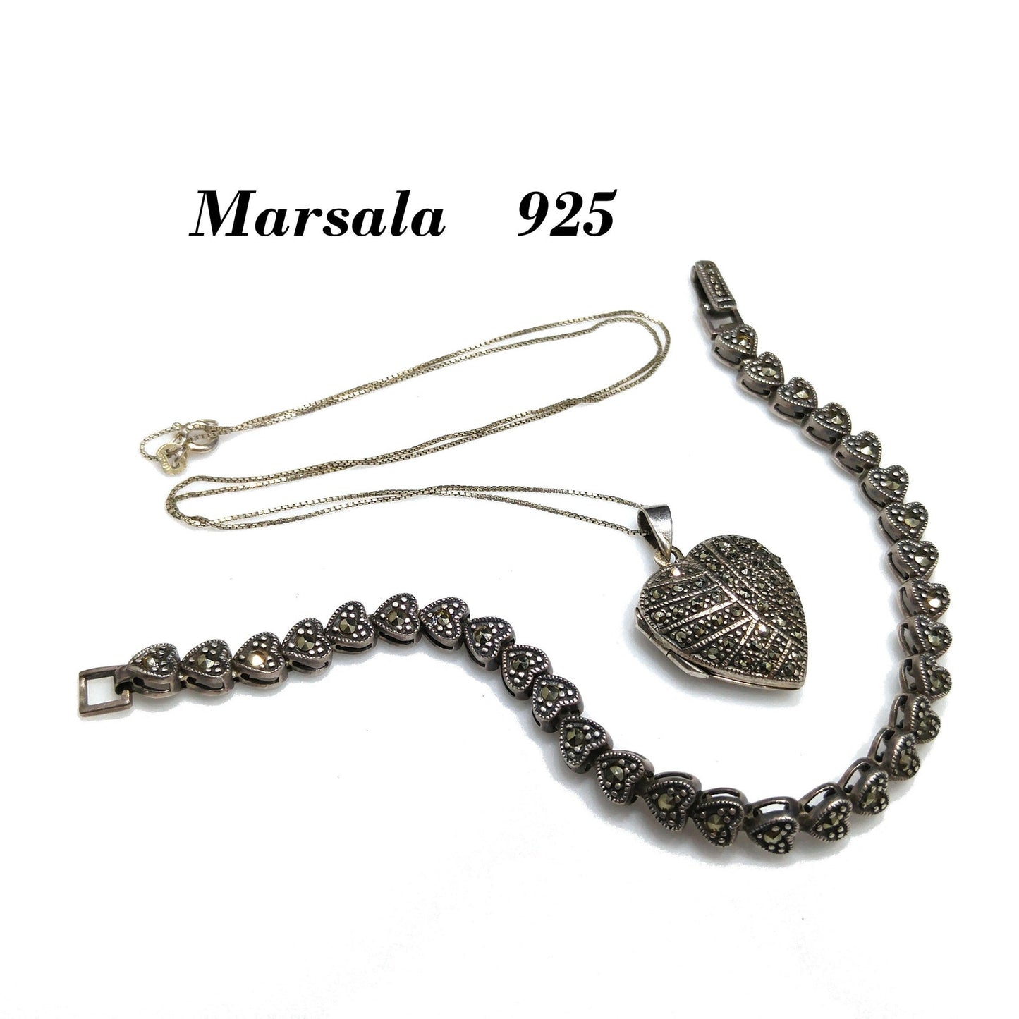 Marsala Silver Heart Locket Necklace & Bracelet, 925 Box Chain, 1980s Vintage Jewelry