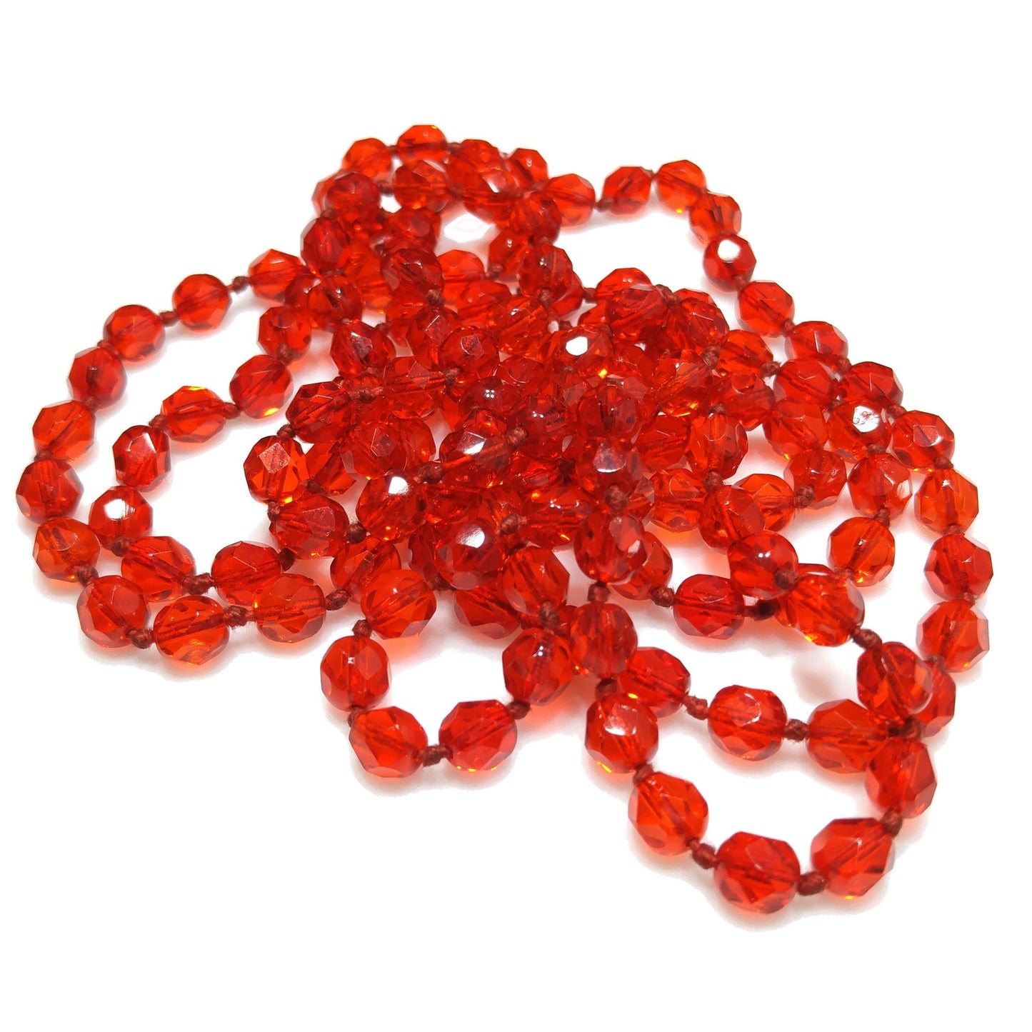 Vintage Red Crystal Hand Knotted Long Necklace, 62 Inches, No Clasp, 1960s Vintage Jewelry