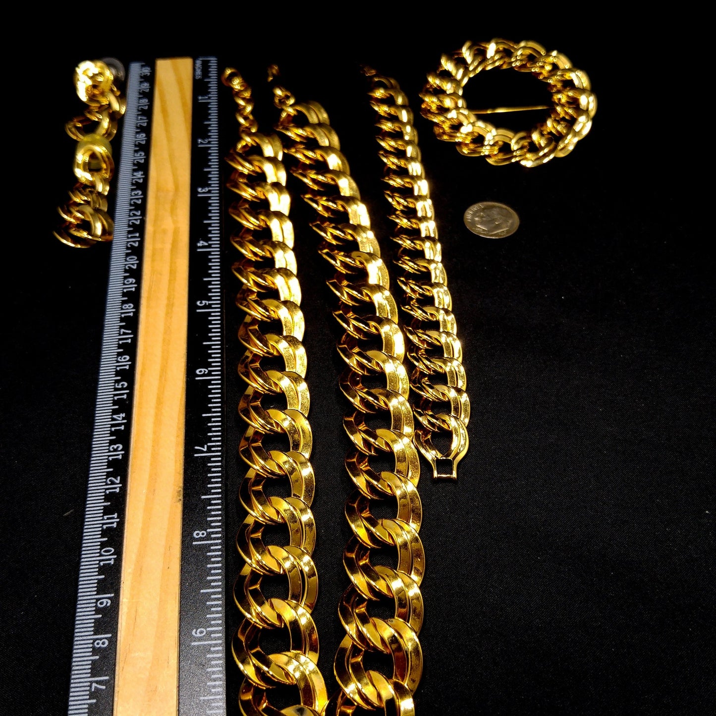 Monet Chunky Necklace Bracelet Brooch Earrings Set, Gold Plated, 1980s Vintage Jewelry