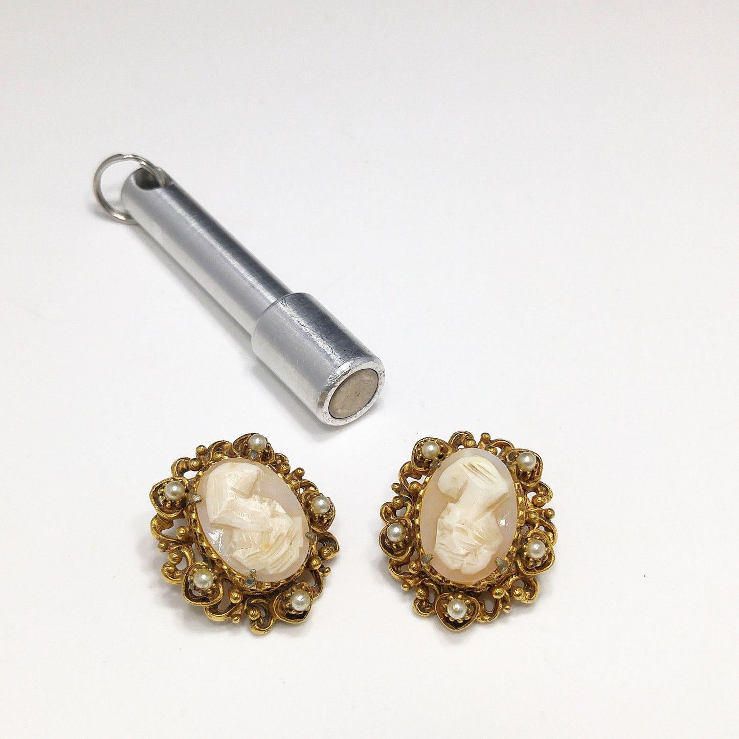 Florenza Cameo Clip Earrings, Hand-carved Shell, Gold Plated, 1950s Vintage Jewelry