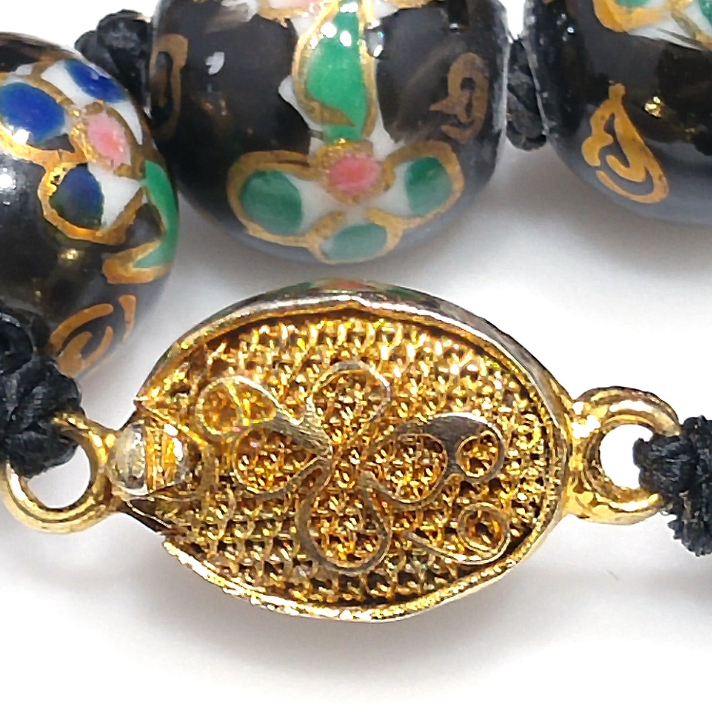 Vintage Black Cloisonné Floral Beaded Necklace, Pink Green Flowers, 1960s Vintage Jewelry