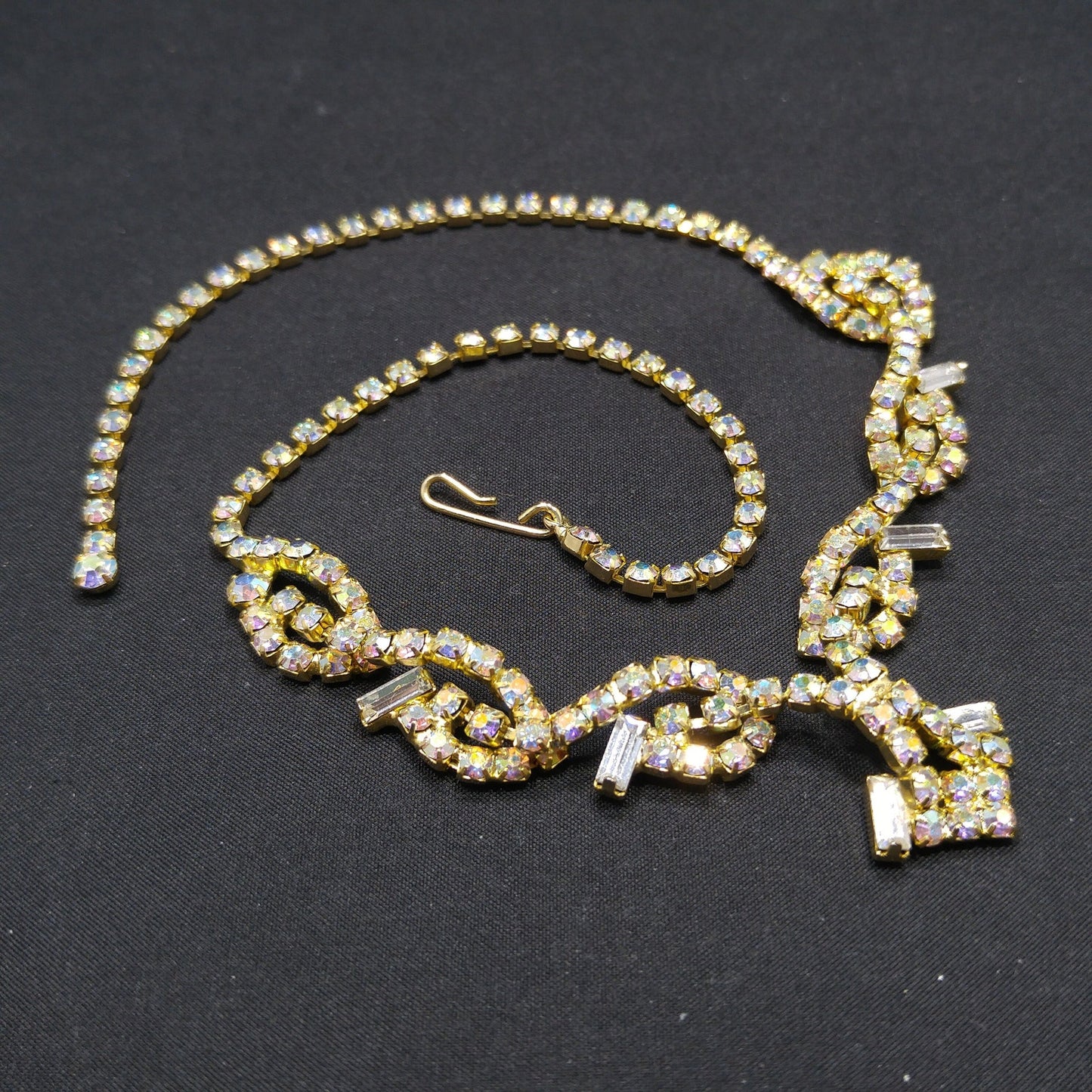 Vintage Aurora Borealis Rhinestone Choker Necklace, 3D Design, Gold Plated, 1960s Vintage Jewelry