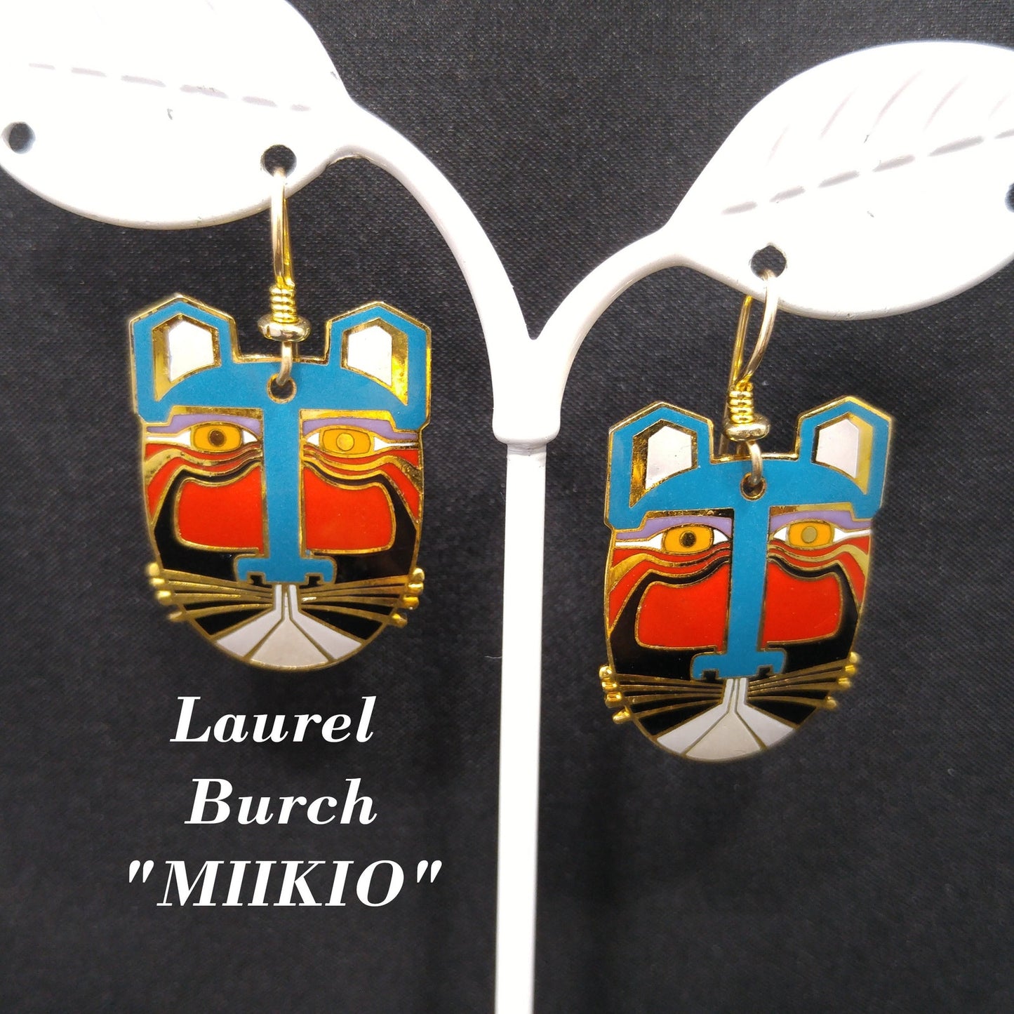 Laurel Burch "Miikio" Earrings, Gold Plated Enamel Large Cat Faces, 1980s Vintage Jewelry