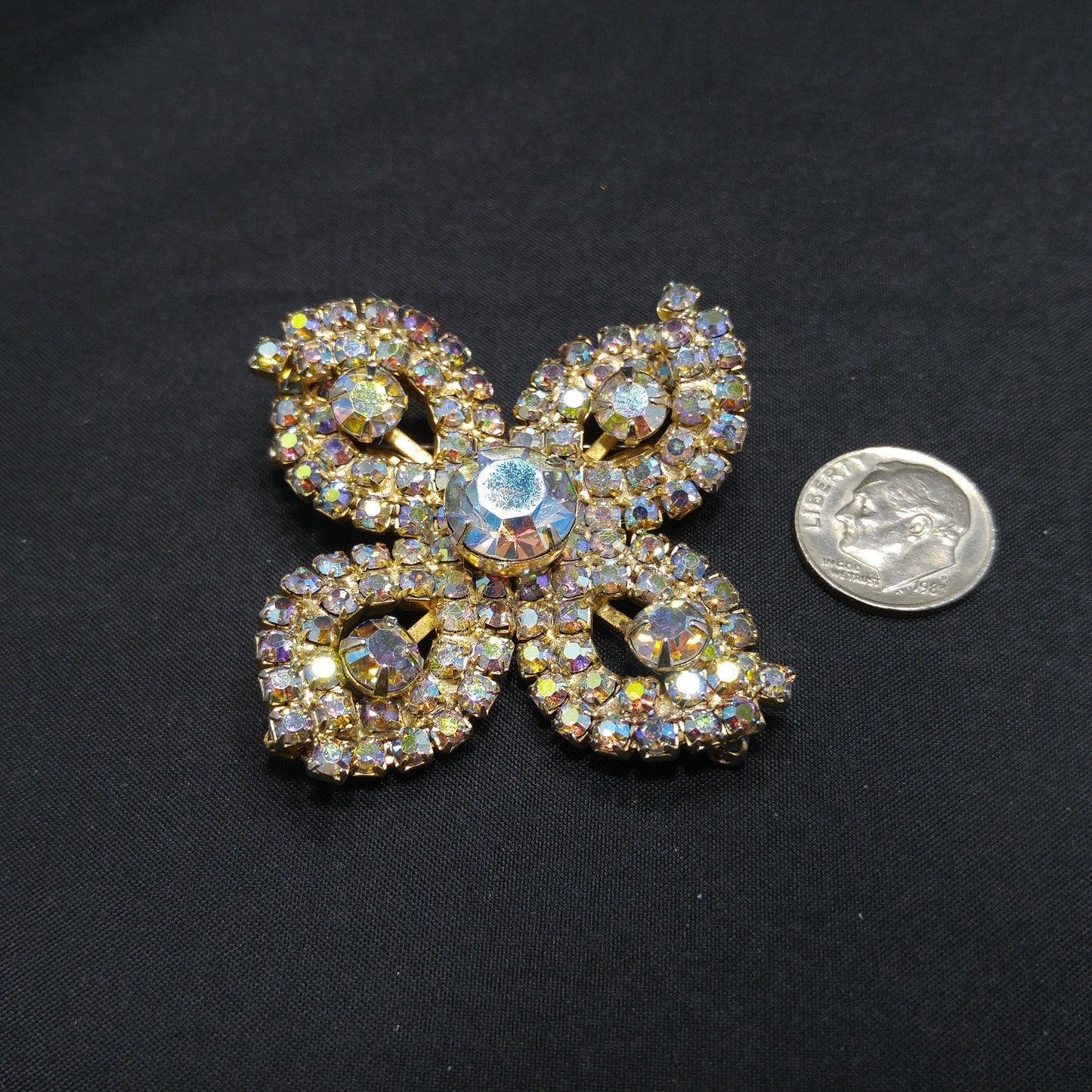 Aurora Borealis Flower Brooch, Gold Plated, 1960s Vintage Jewelry