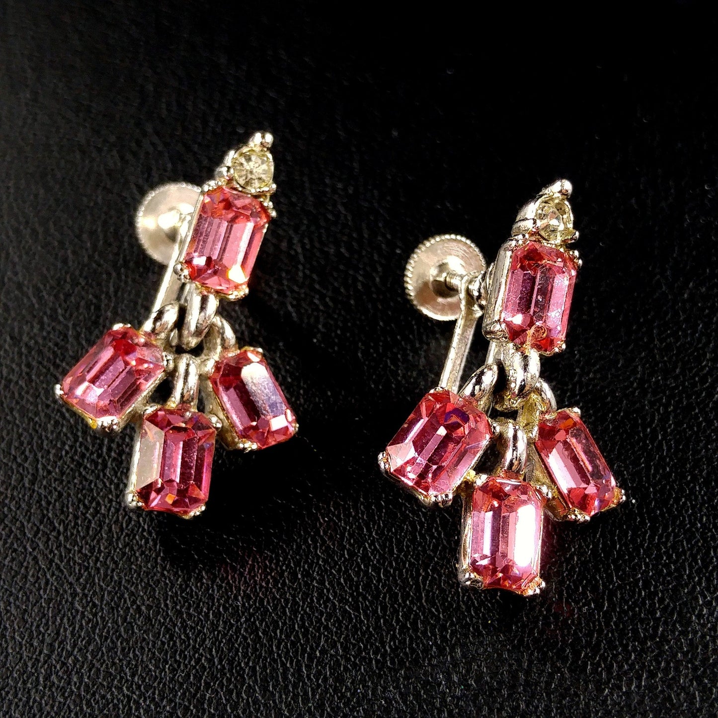 Bogoff Pink Rhinestone Screw Back Earrings, Rhodium Plated, 1950s Vintage Jewelry