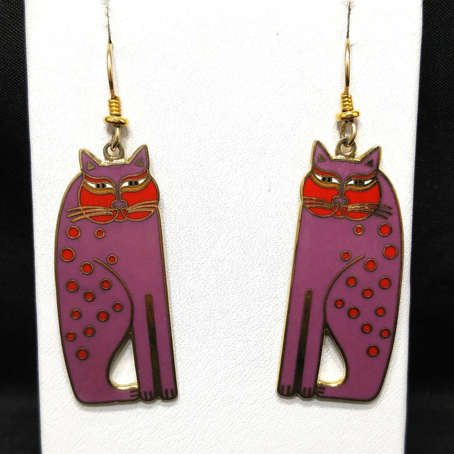 Laurel Burch "Siamese Cats" Long Earrings, Gold Plated, Purple Enamel, 1980s Vintage Jewelry