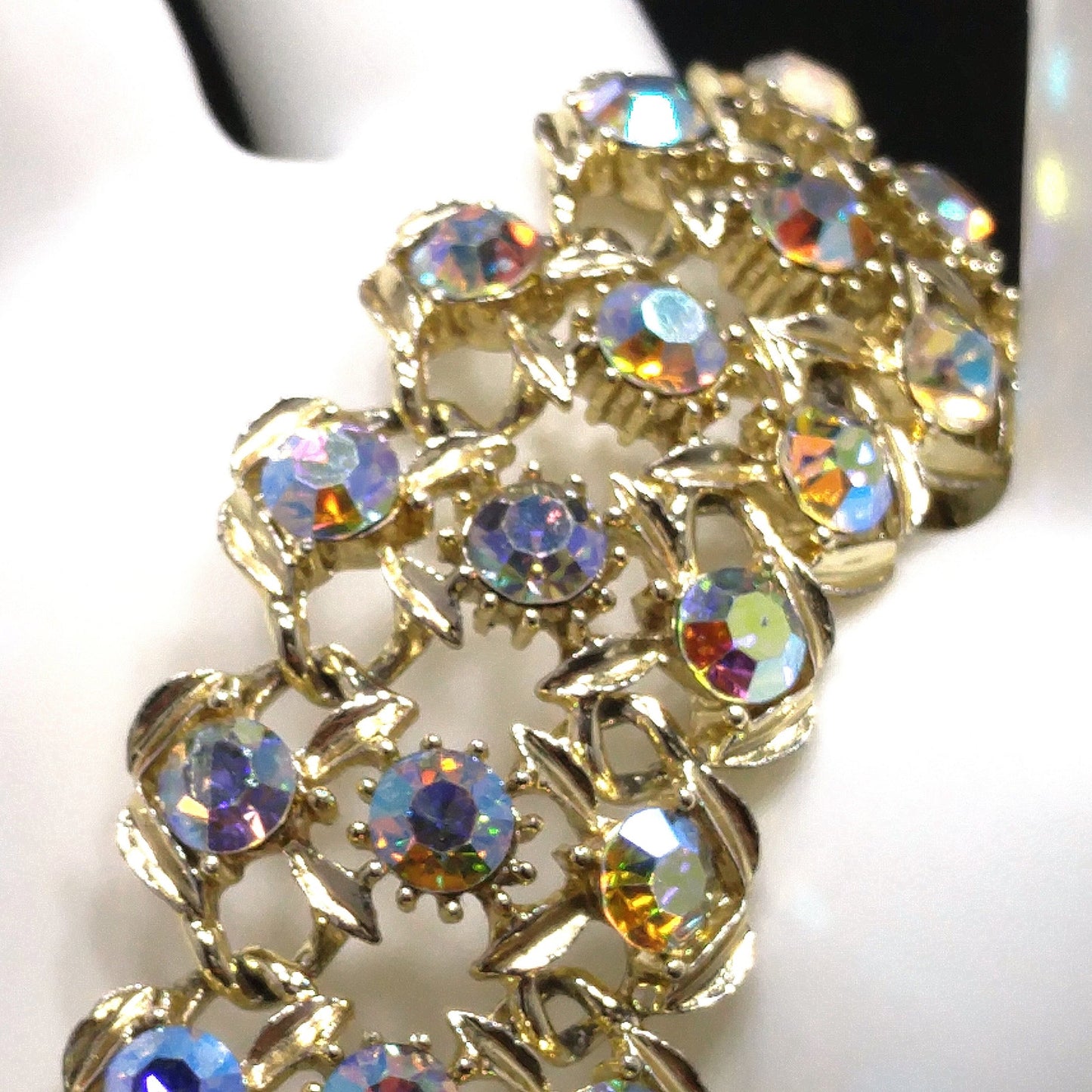 Vintage Aurora Borealis Rhinestone Wide Bracelet, Gold Plated, 1960s