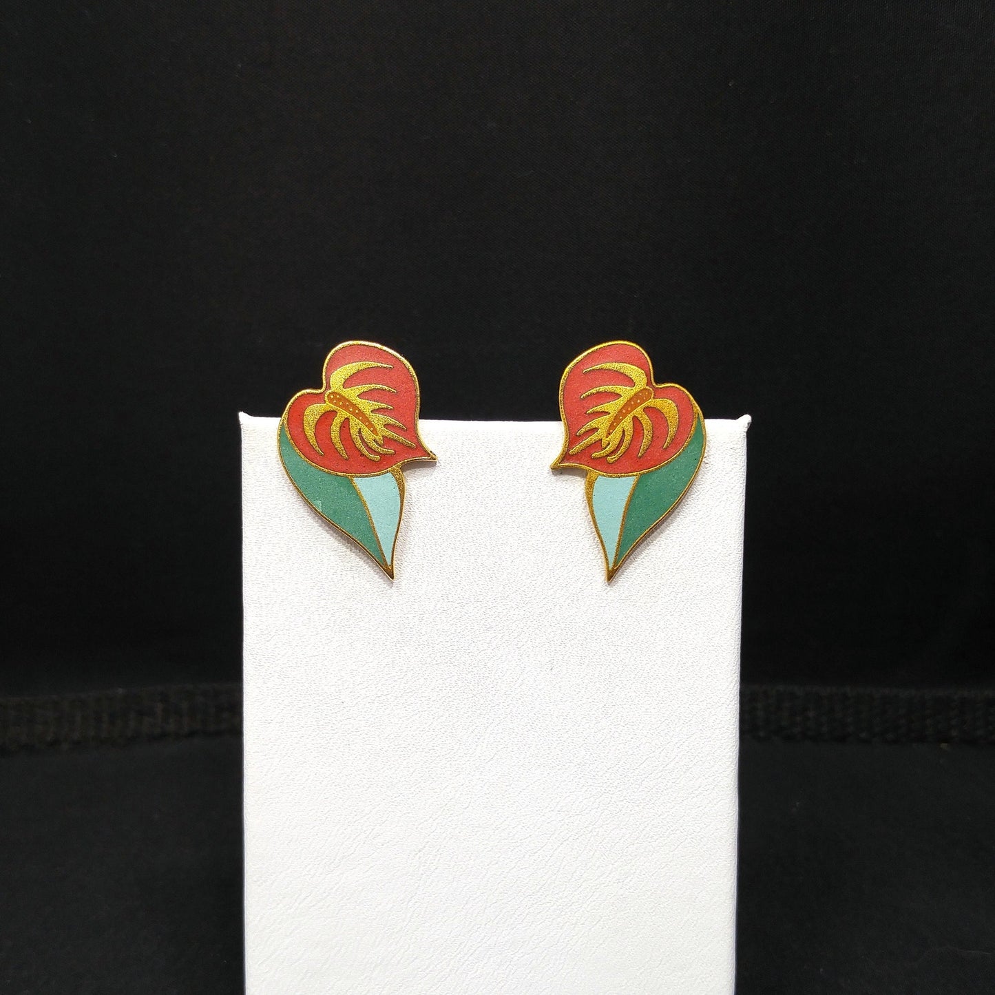Vintage Laurel Burch "Anthurium" Post Earrings, Red Flower Enamel