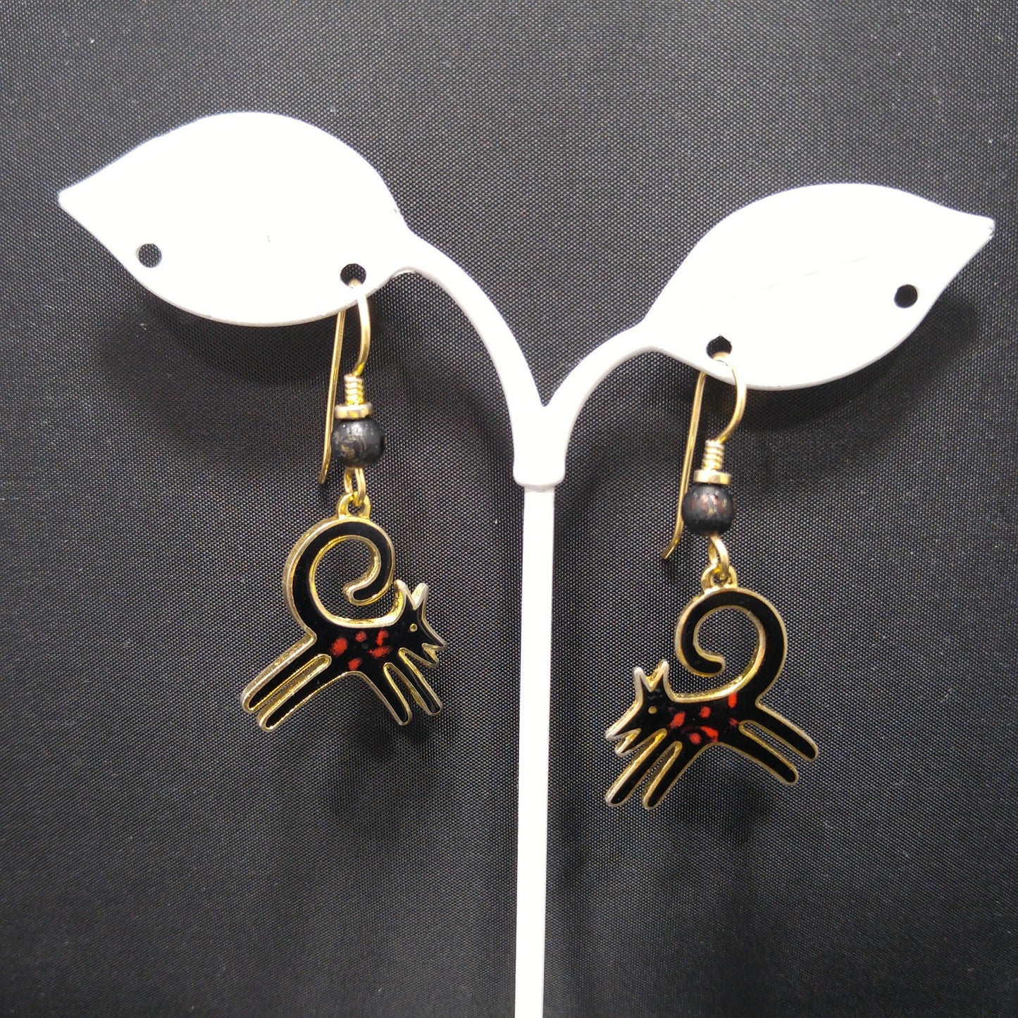 Vintage Laurel Burch Black Dog Earrings, Gold Plated, Cloisonne Enamel