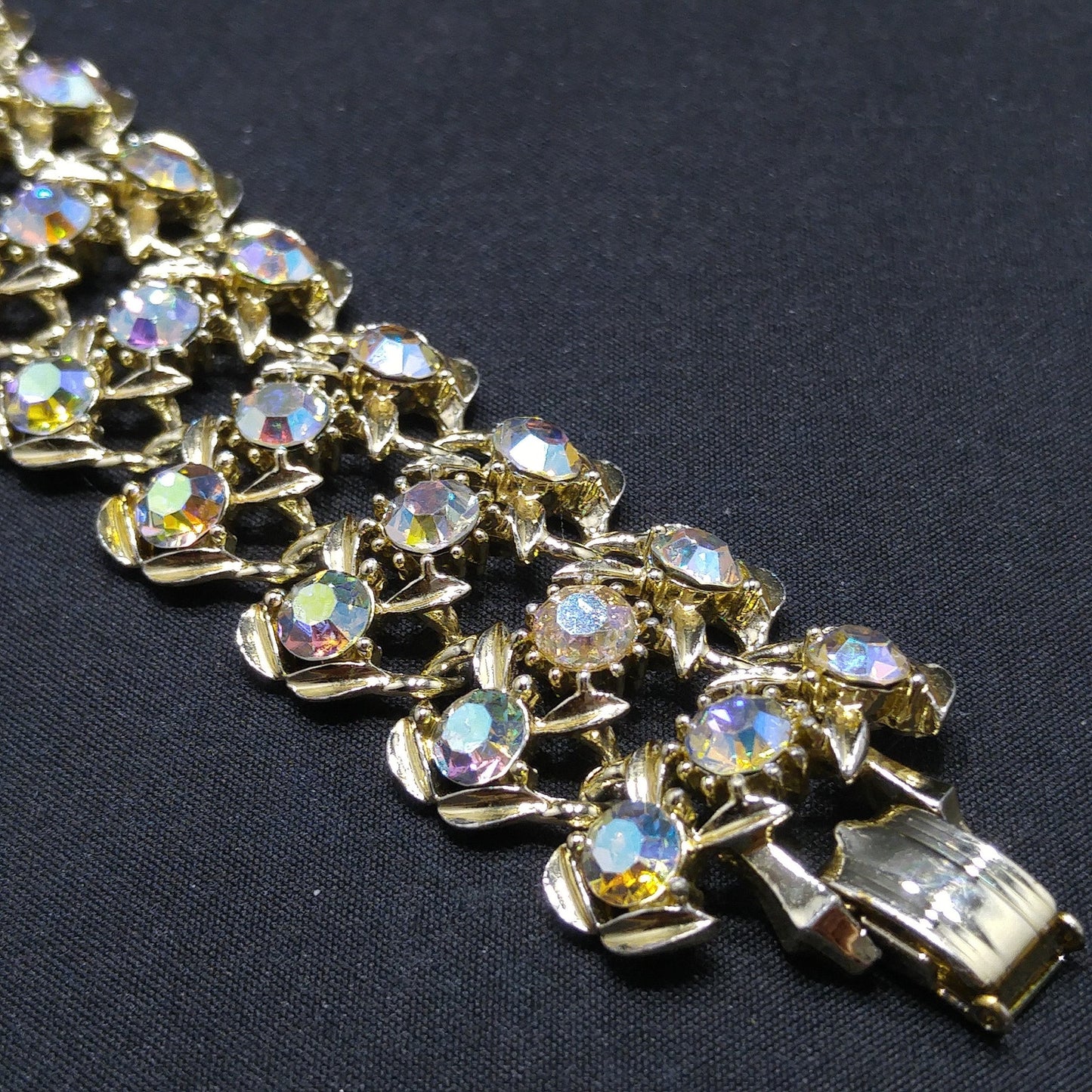 Vintage Aurora Borealis Rhinestone Wide Bracelet, Gold Plated, 1960s