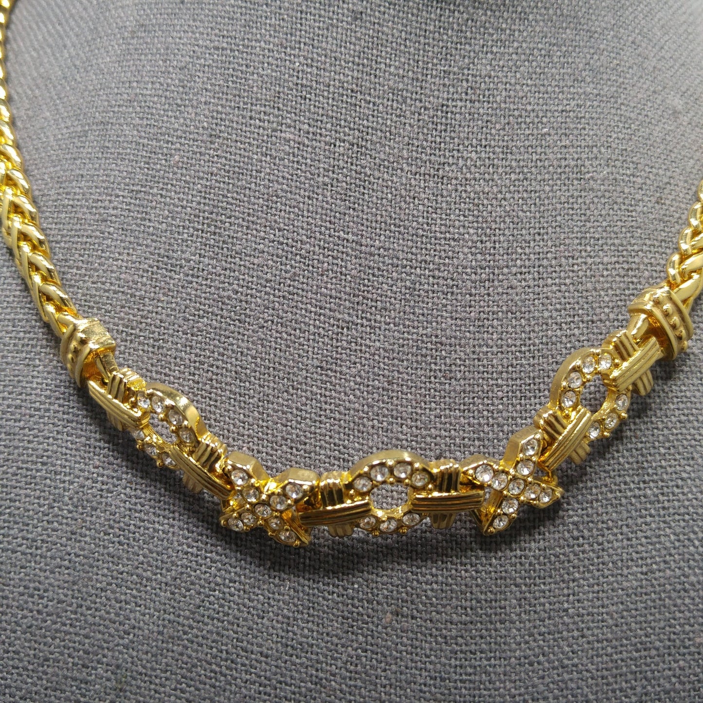 Swarovski Necklace & Bracelet Set – 1980s 1990s Gold Plated XOXO Design with Clear Rhinestones, Signed Swan Logo