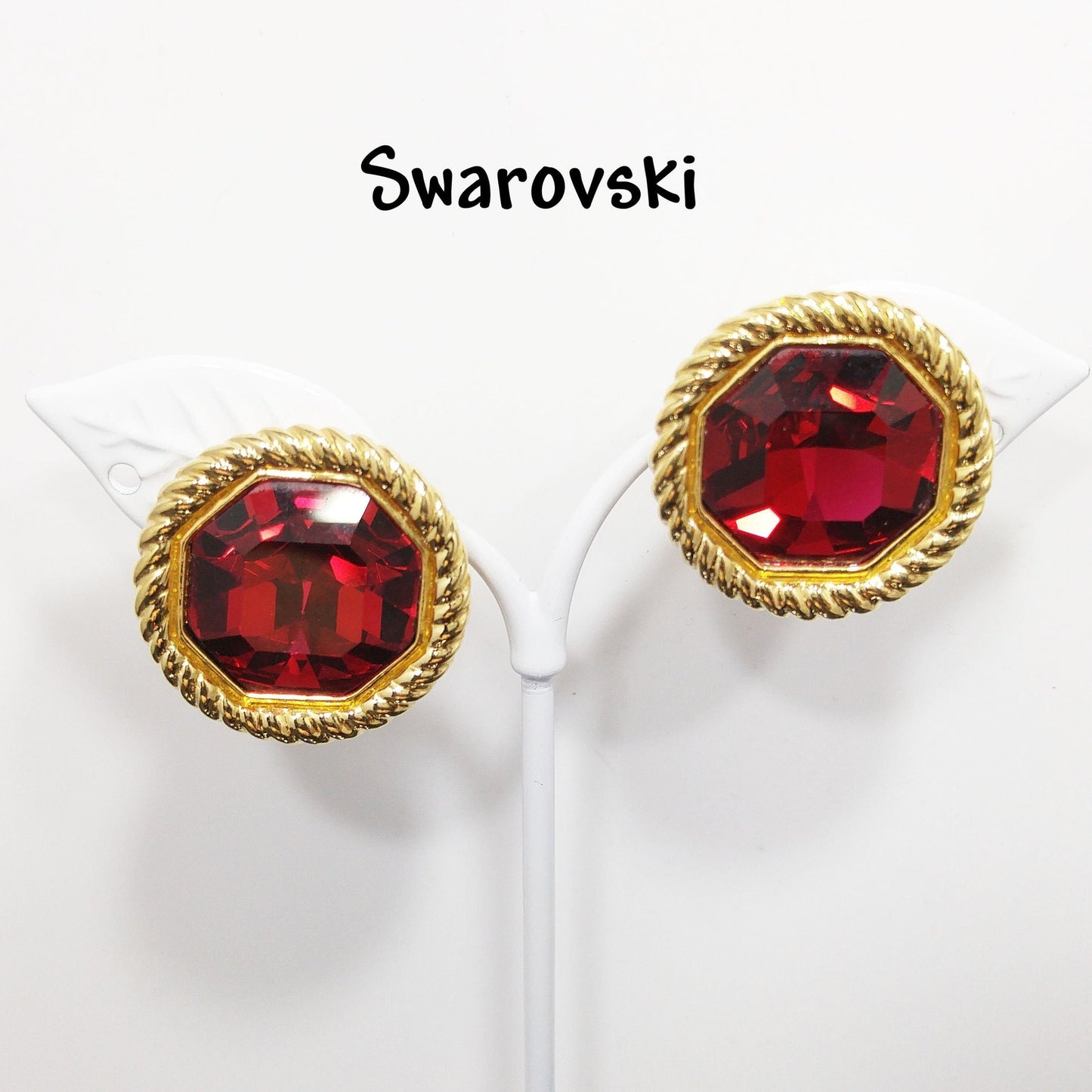 Vintage Swarovski Red Crystal Clip Earrings Gold Plated Rope Frame 1990s