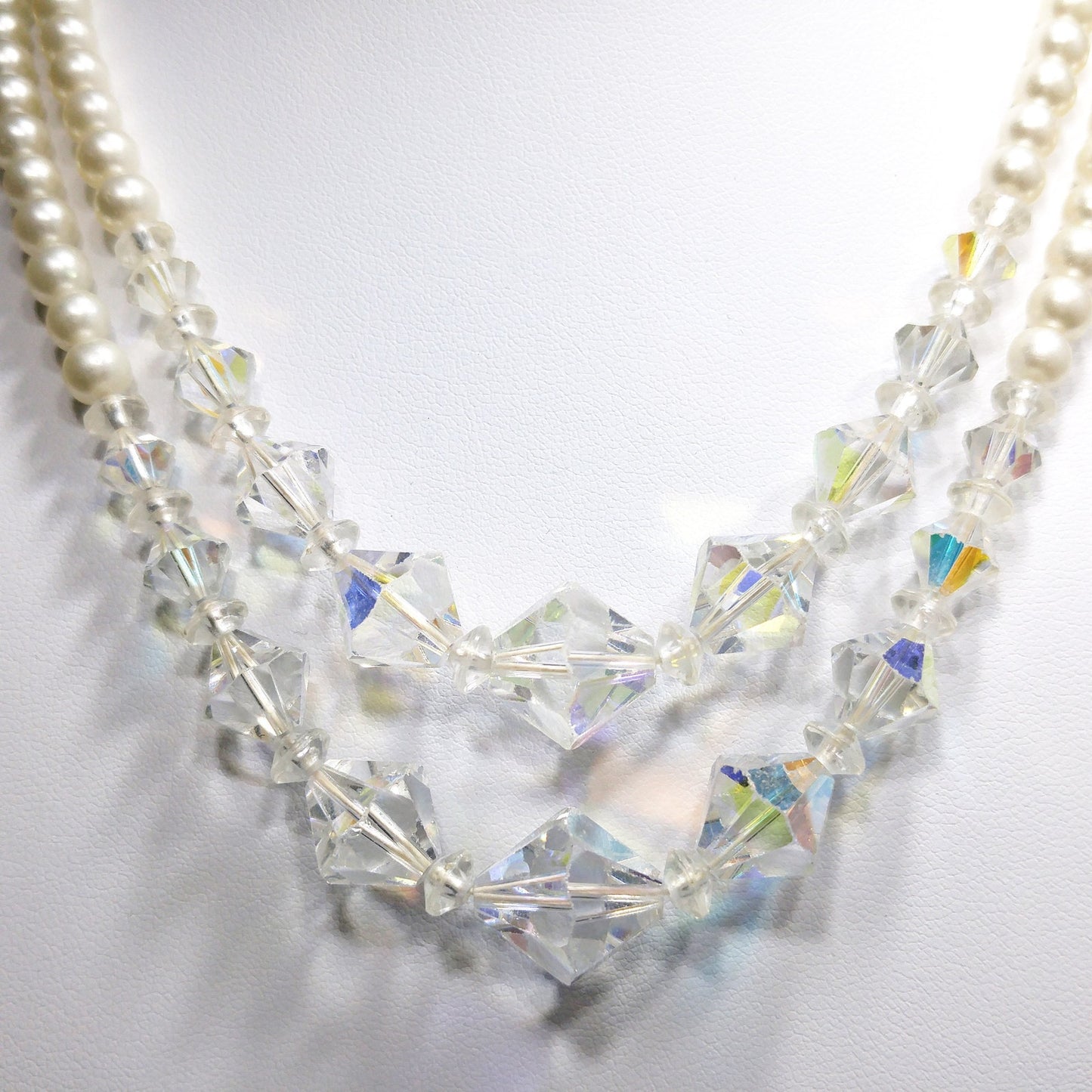 Wedding Bridal Faux Pearl AB Crystal Beaded Necklace, 2 Strands, 1950s Vintage
