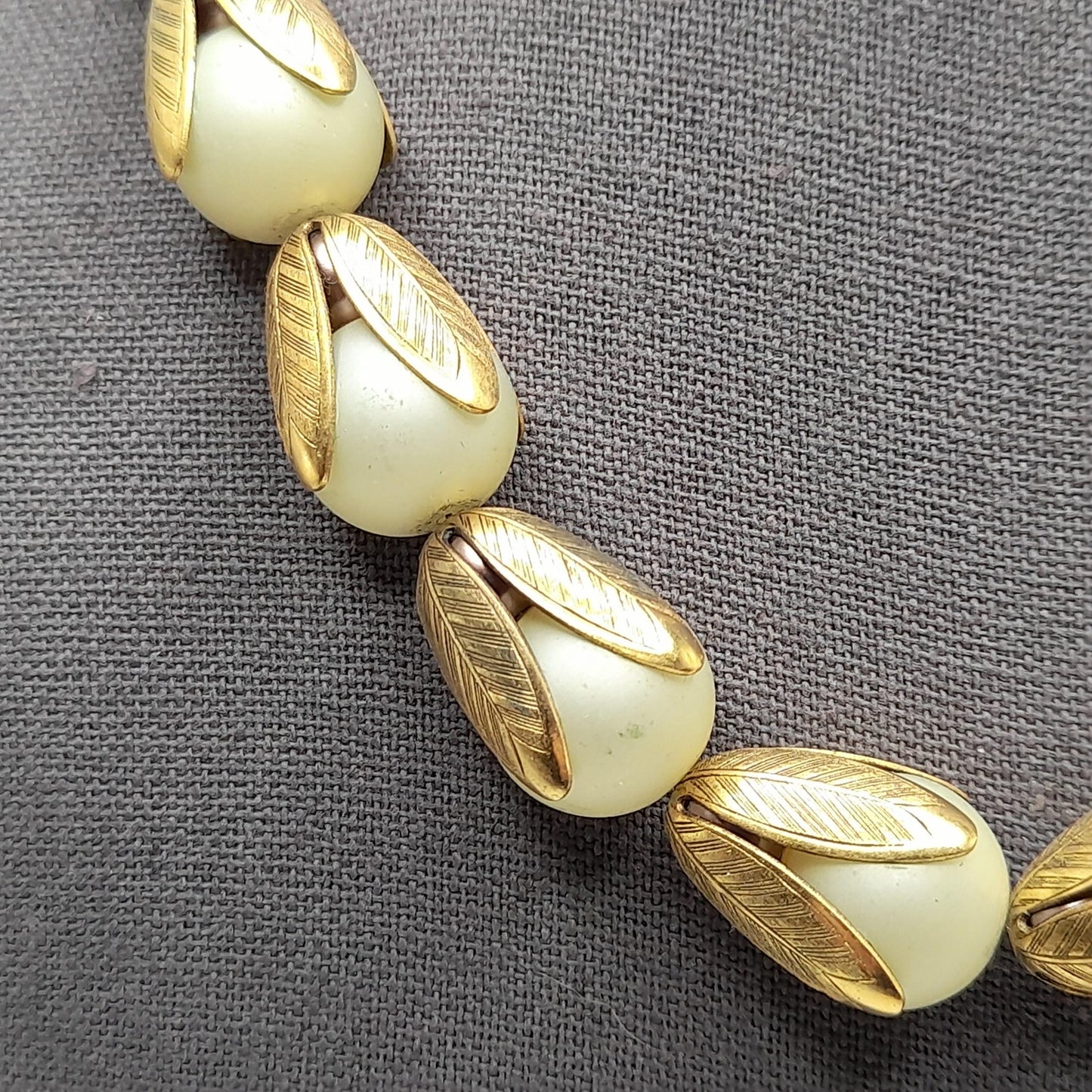Lenora Dame Faux Pearl Necklace, Gold Tone Leaf Caps, Vintage Jewelry