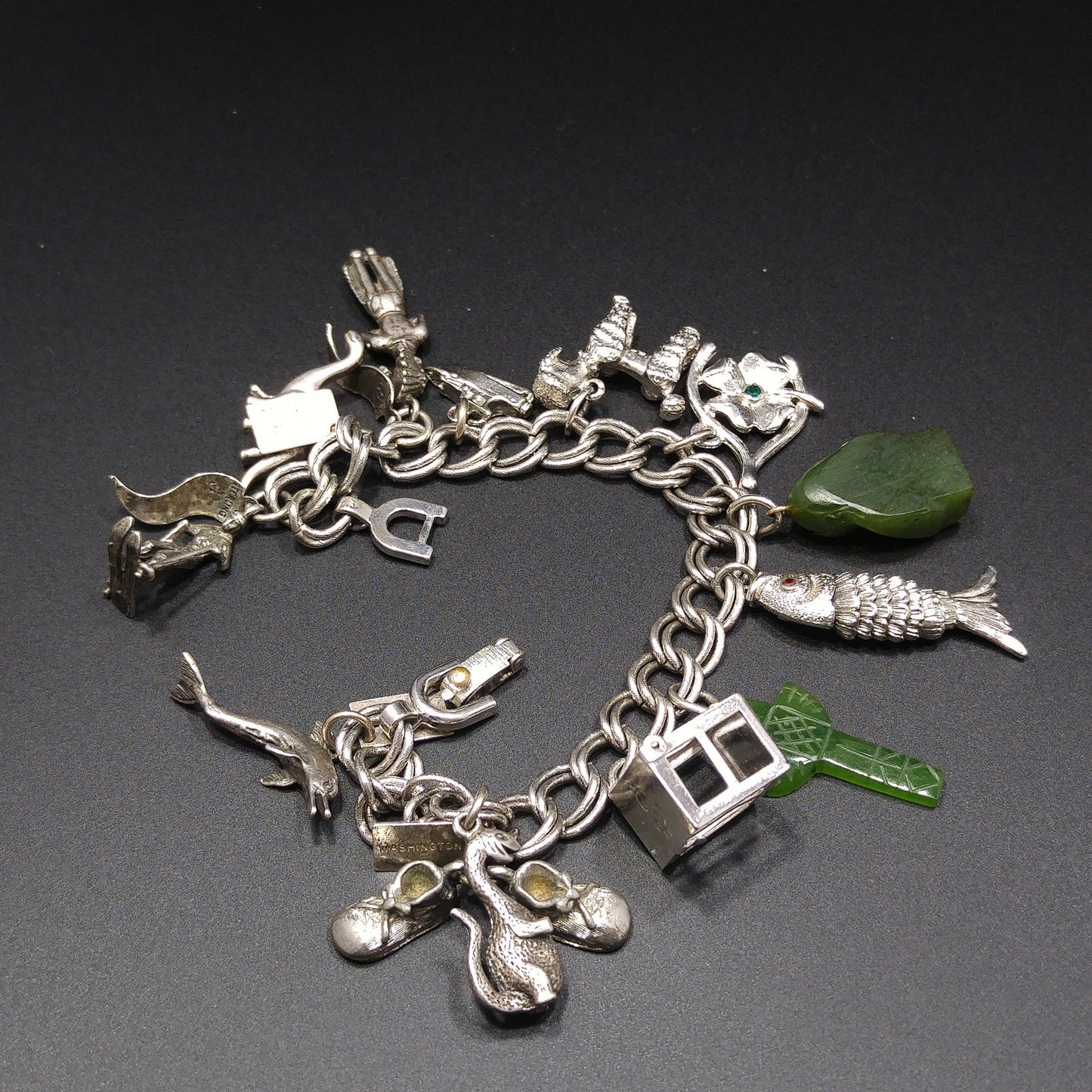 Monet Charm Bracelet, Sterling Gemstone Charms, 1960s Vintage Jewelry