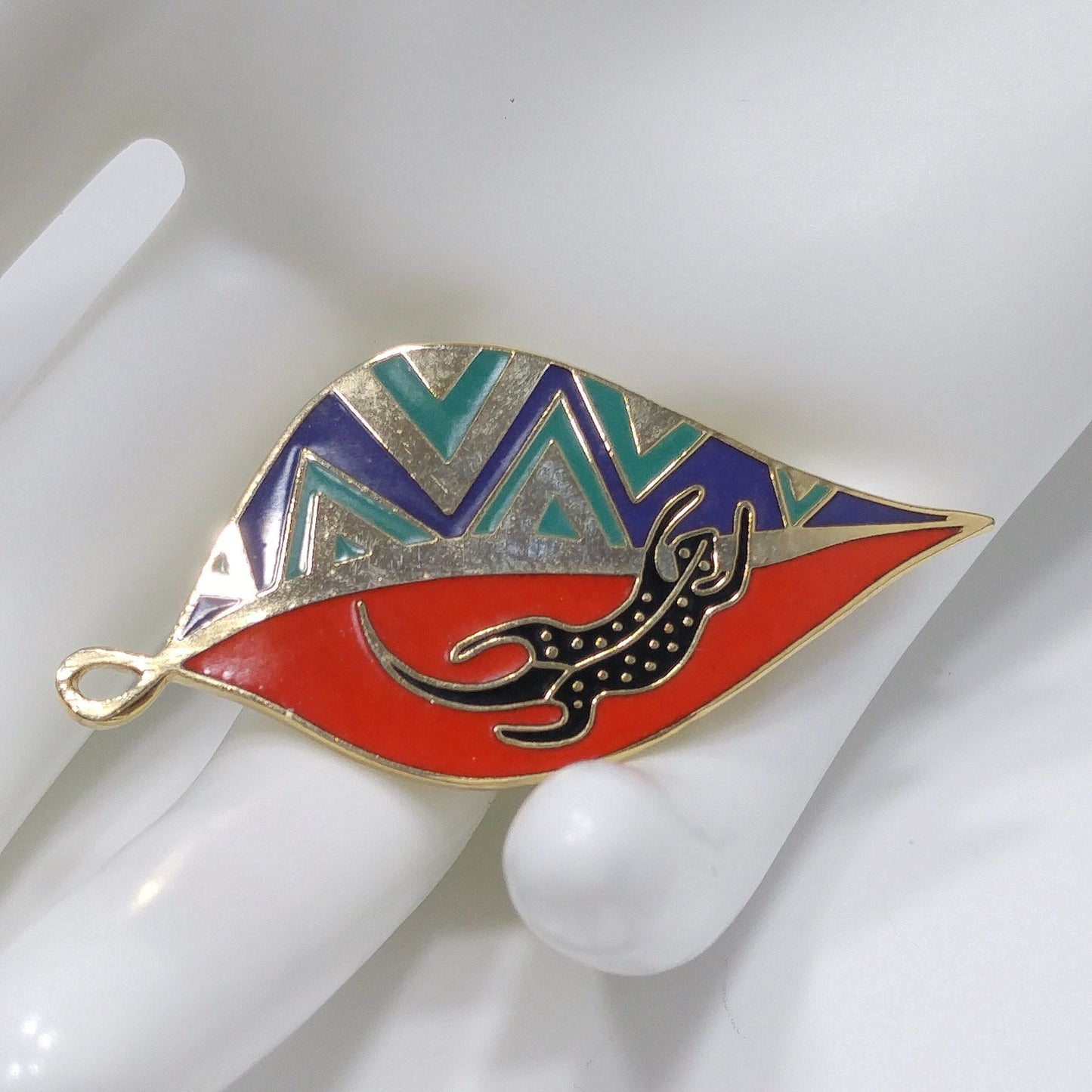 Laurel Burch "Leaf Lizard" Brooch & Pendant, Cloisonné Gold Plated, Enamel, 1980s Vintage Jewelry