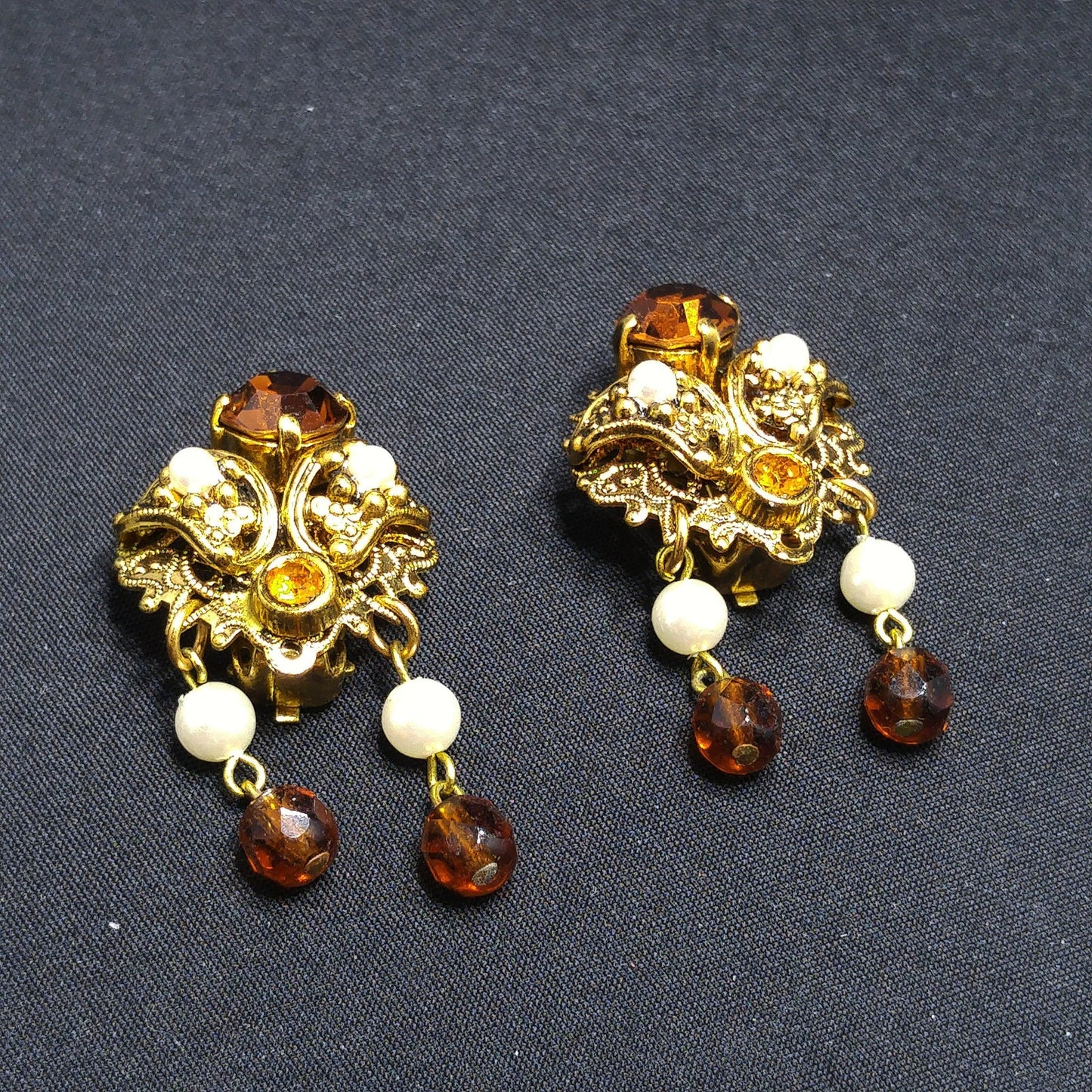 Western Germany Topaz Filigree Clip Earrings, Faux Pearls, 1950s Vintage Jewelry