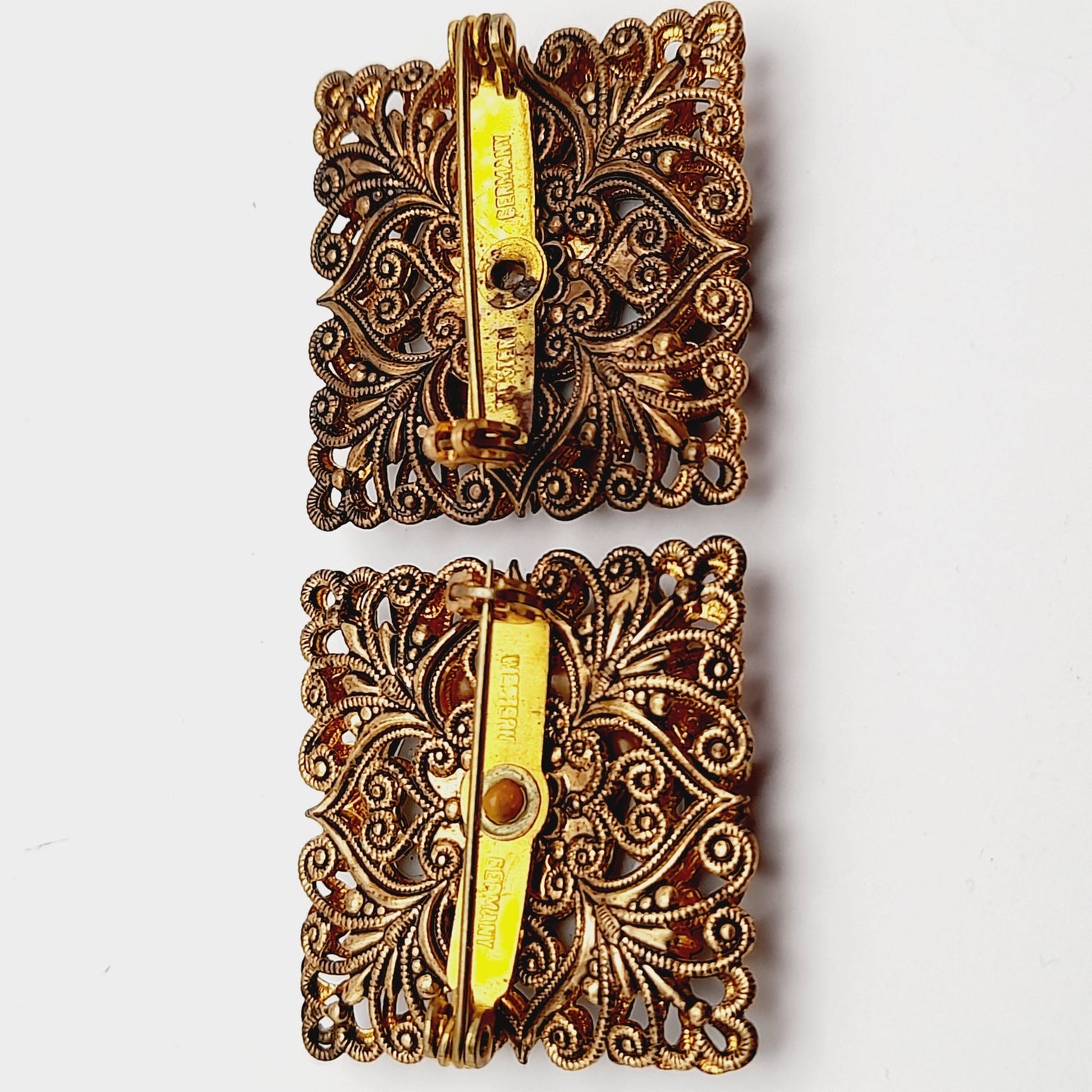 West Germany Vintage Brooch Earrings Twin Pins Set, Portrait Transfer Glass Gold Tone