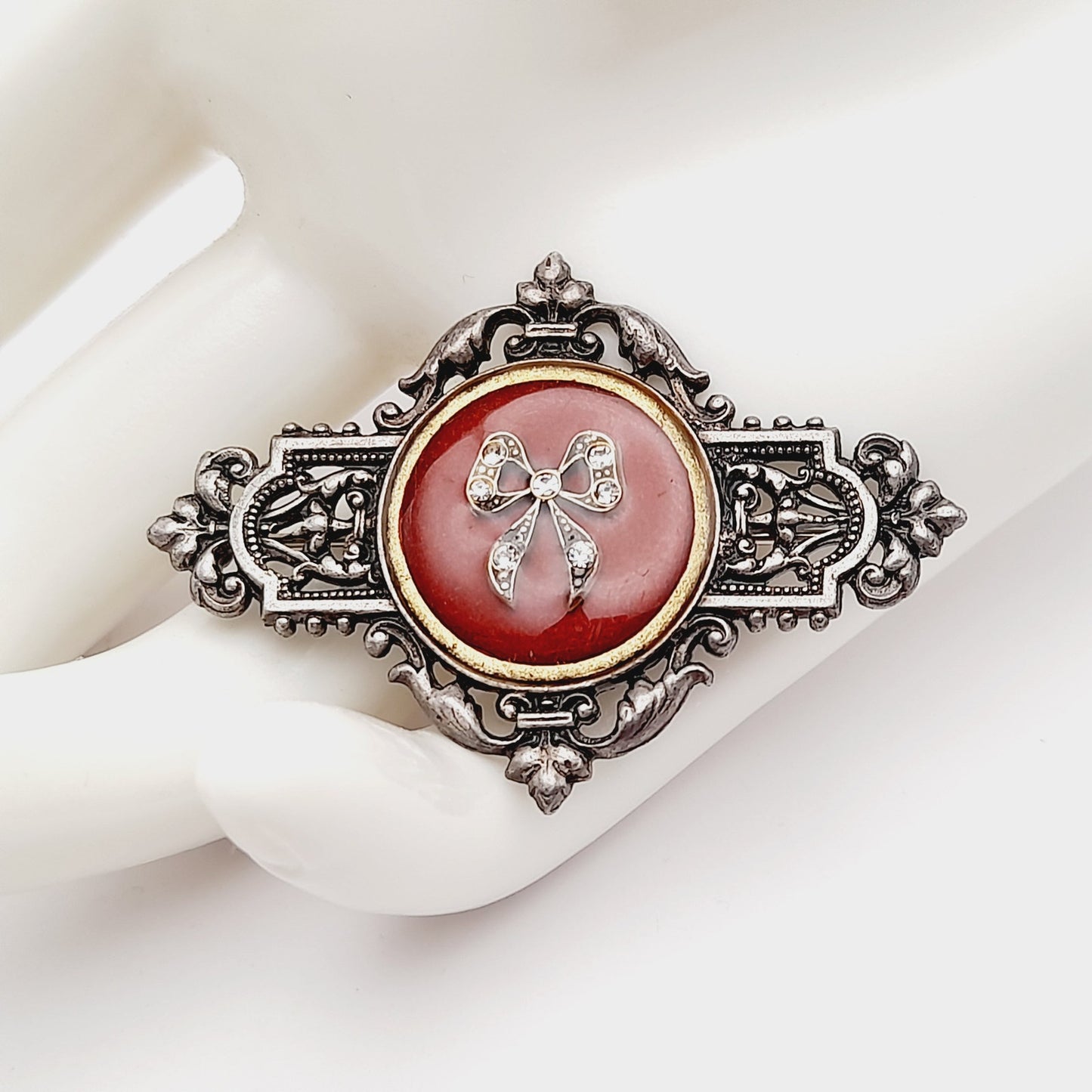 Vintage Catherine Popesco Art Deco Red Enamel Silver Plated Brooch