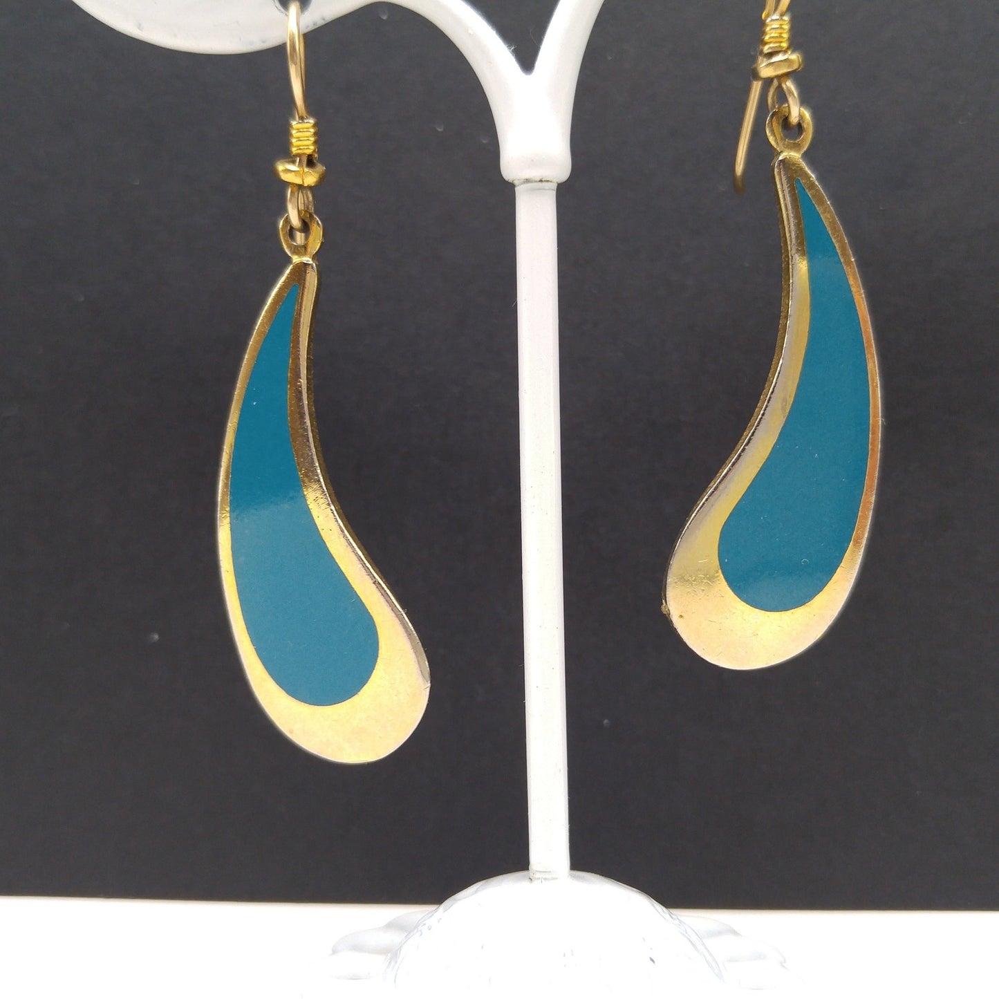 Vintage Laurel Burch Turquoise Drop Earrings, Curved Teardrop, Gold Plated