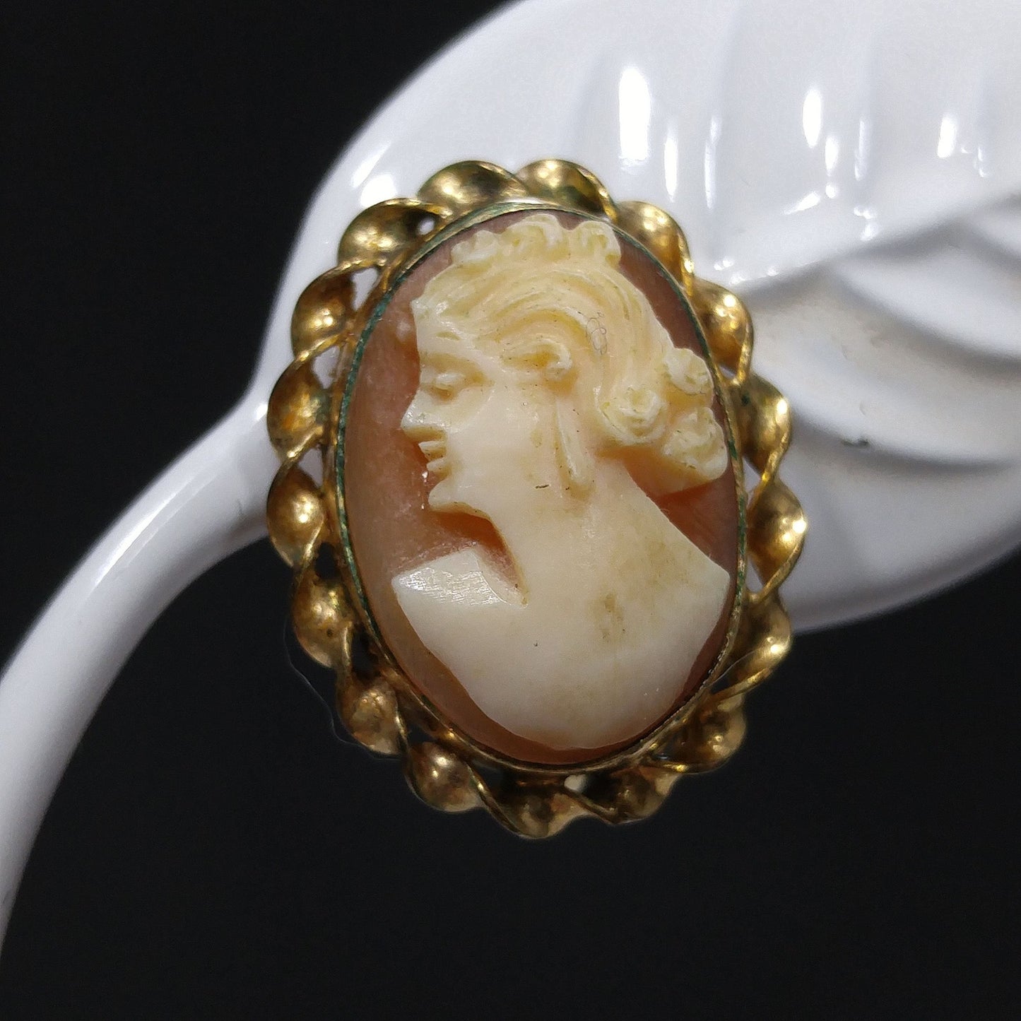 CM Carved Cameo Shell Earrings, Gold Filled, 1940s Vintage Jewelry