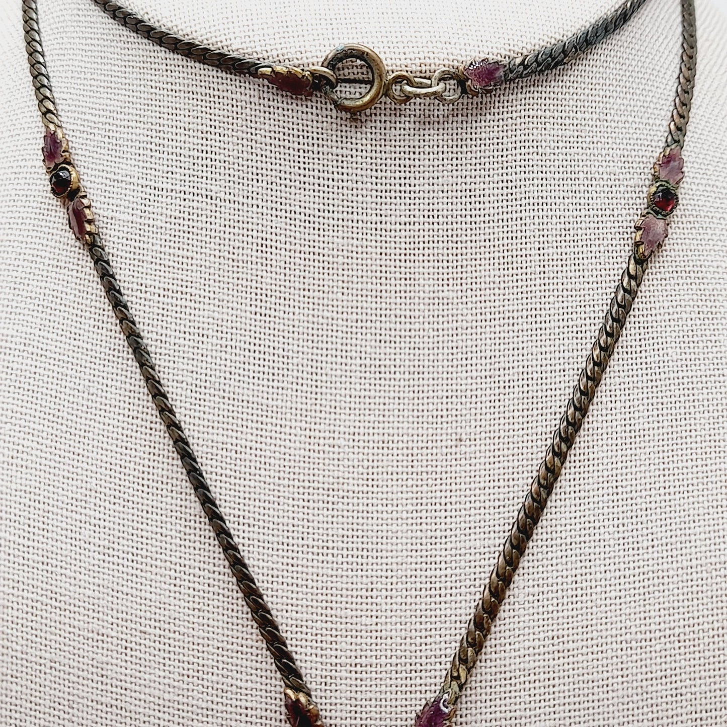 Antique Victorian Purple Glass Enamel Filigree Pendant Necklace, 27 Inches