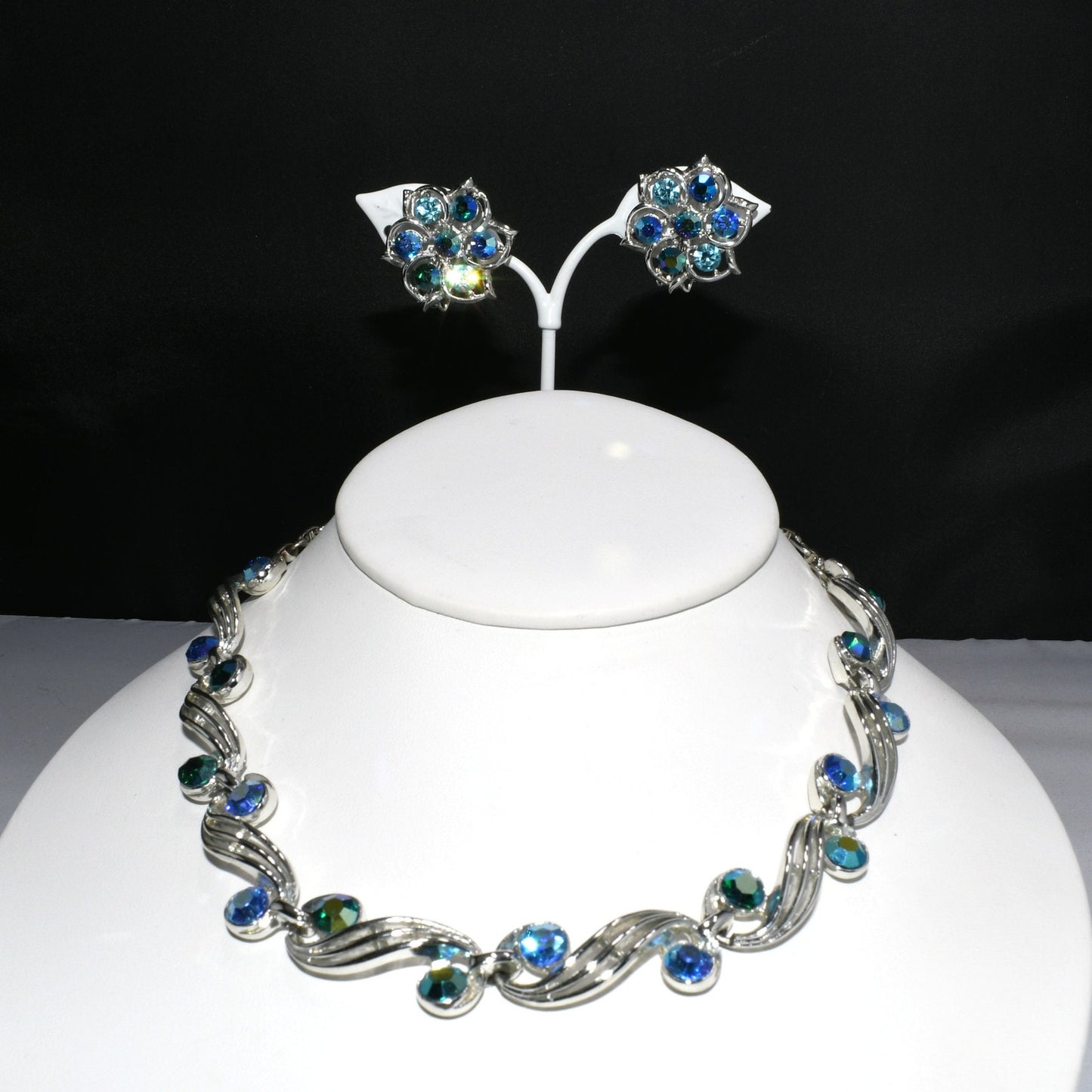 Blue Aurora Borealis Rhinestone Choker Necklace Earrings, Rhodium Plated, 1950s Vintage Jewelry