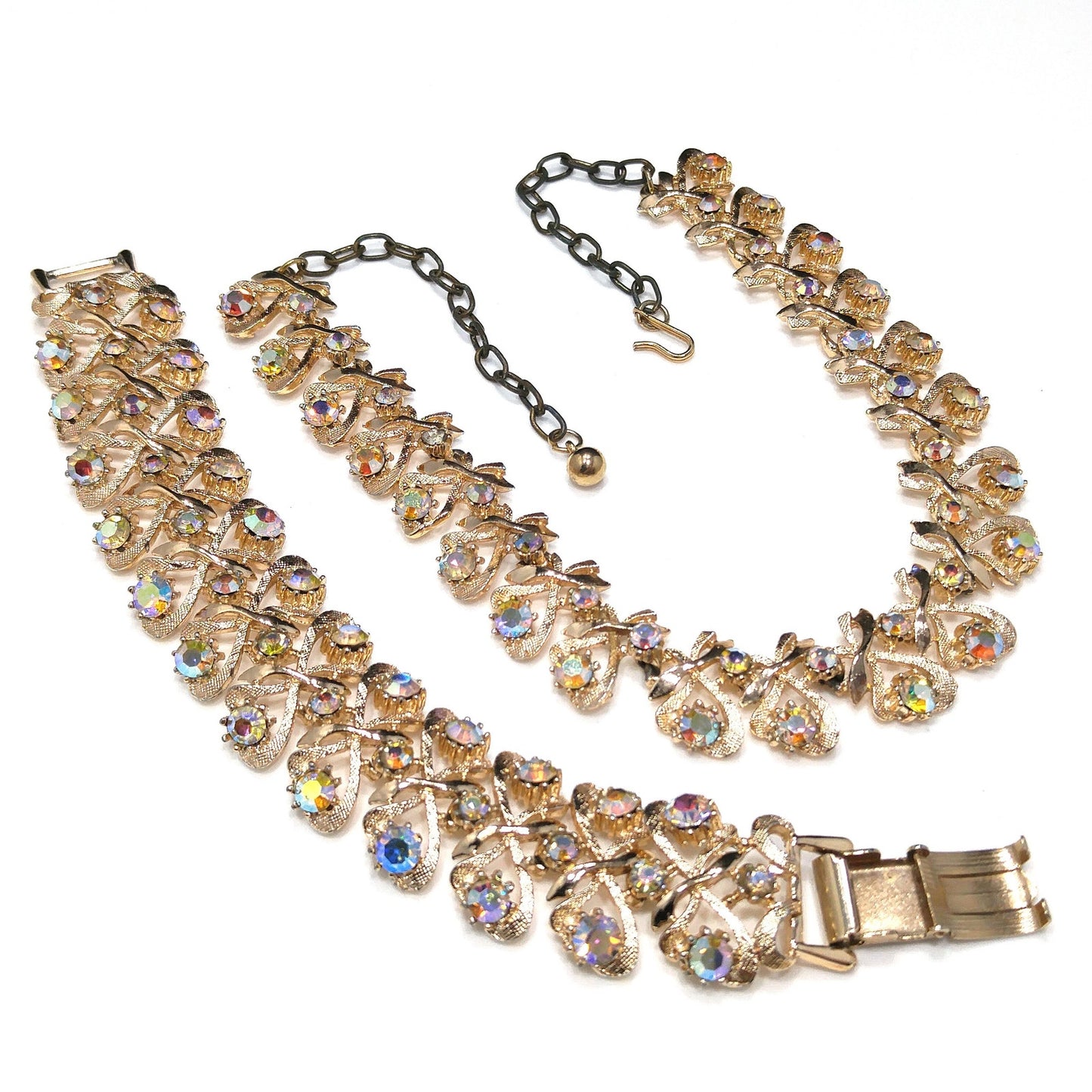 Arthur Pepper "Art" Necklace & Bracelet, Aurora Borealis Rhinestones, 1960s Vintage Jewelry