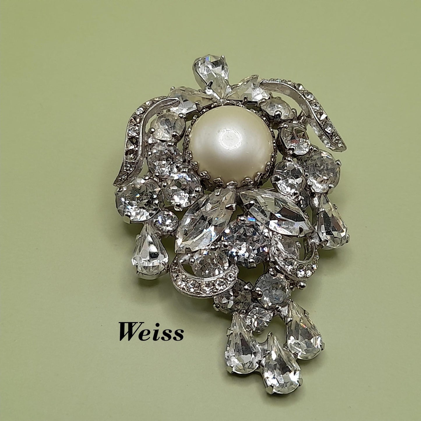 Vintage Weiss Wedding Brooch, Clear Rhinestones, Rhodium Plated, 2 1/2 In