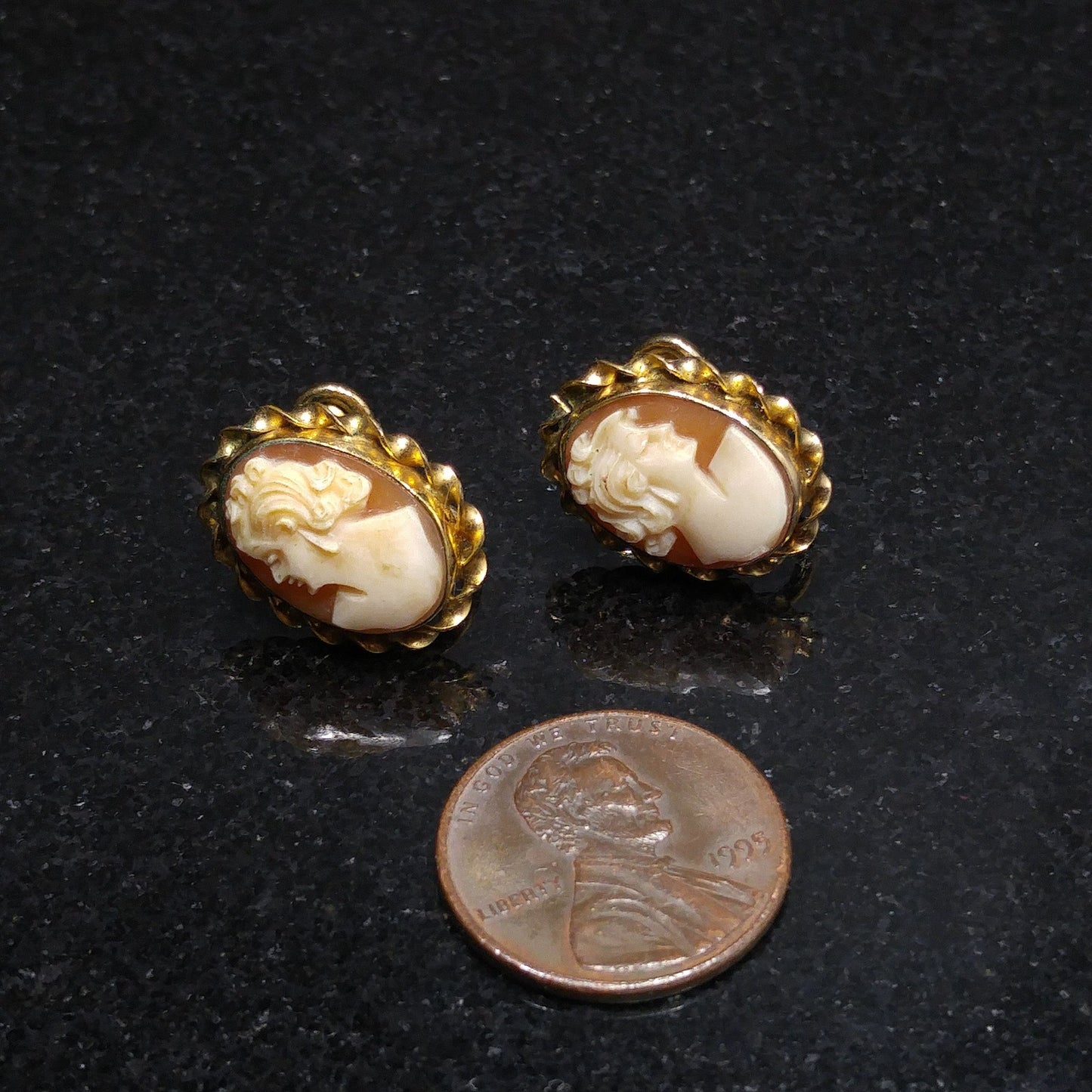 CM Carved Cameo Shell Earrings, Gold Filled, 1940s Vintage Jewelry