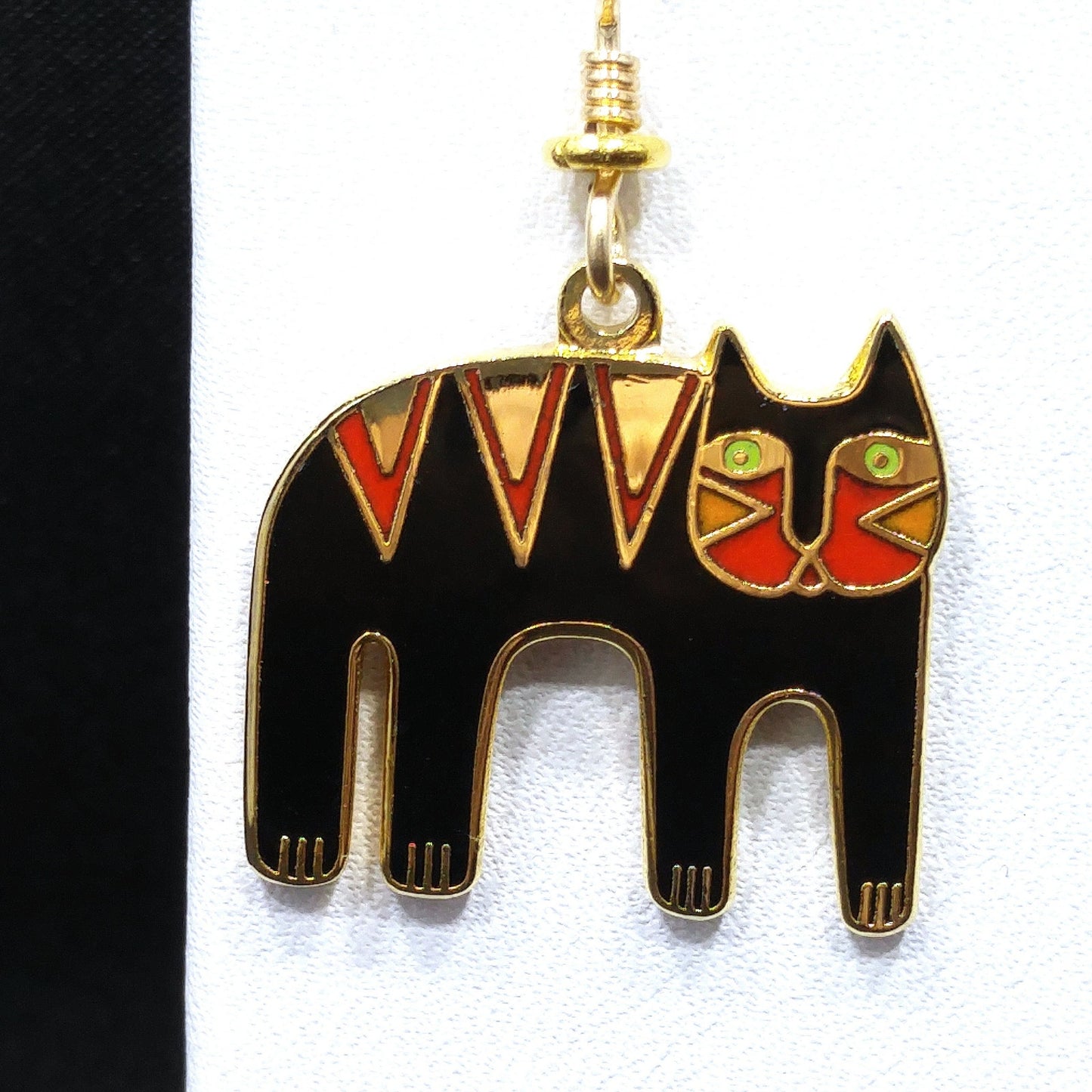 Vintage Laurel Burch "Tiger" Drop Earrings, Gold Plated, Black Red Enamel, 2005