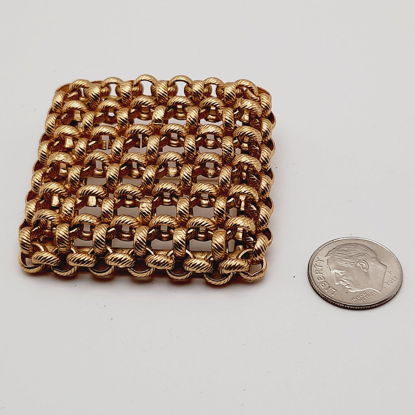 Vintage Monet Gold Plated Woven Square Brooch – 1980s Statement Designer Jewelry