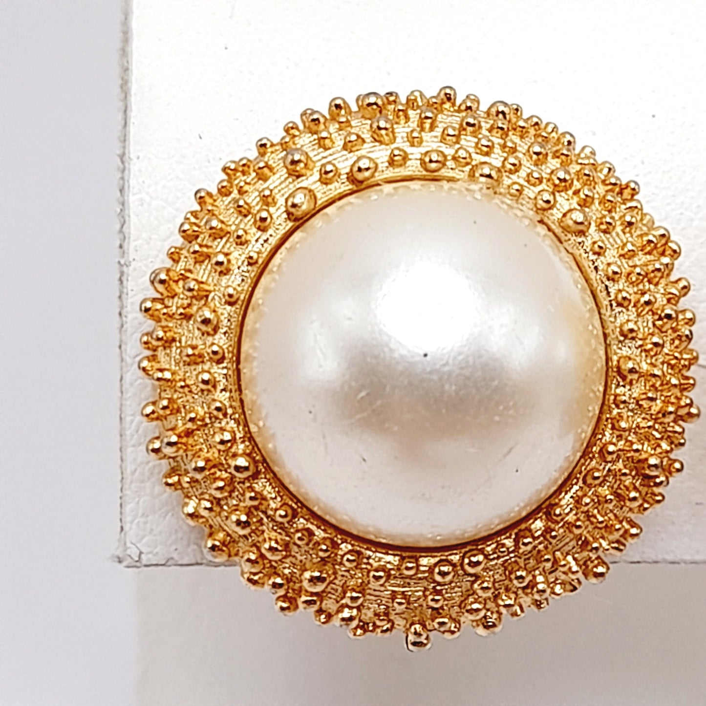 Vintage Crown Trifari Gold Clip Earrings, Brutalist Beaded Design w/ Faux Pearl