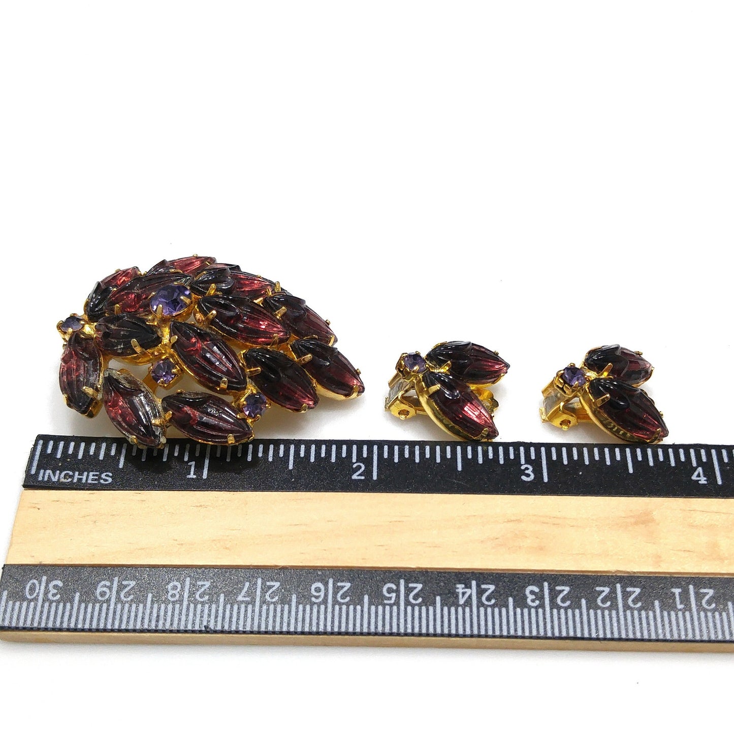Purple Rhinestone Molded Art Glass Brooch & Earrings, Purple Rhinestones, Gold Plated, 1960s Vintage Jewelry